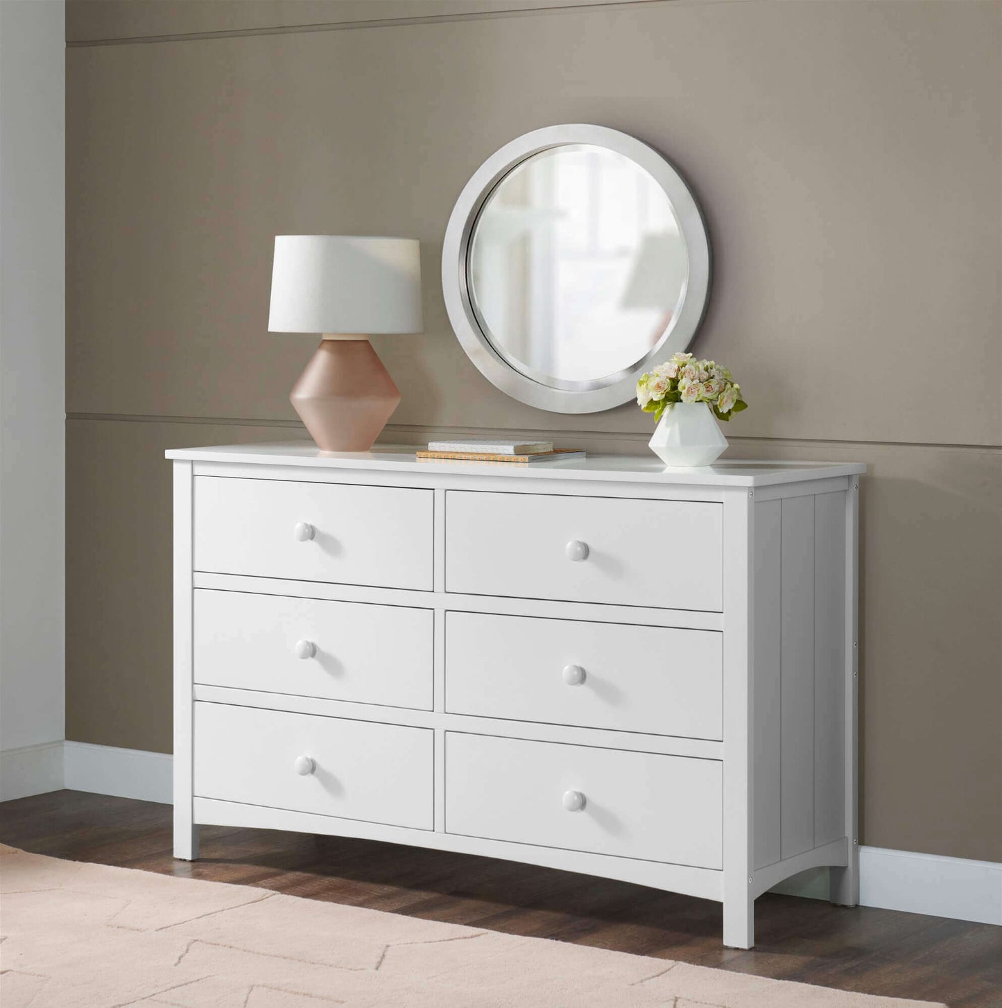 Universal 6-Drawer Dresser - Lifestyle Image Inclined Side View of Universal 6-Drawer Dresser Snow White