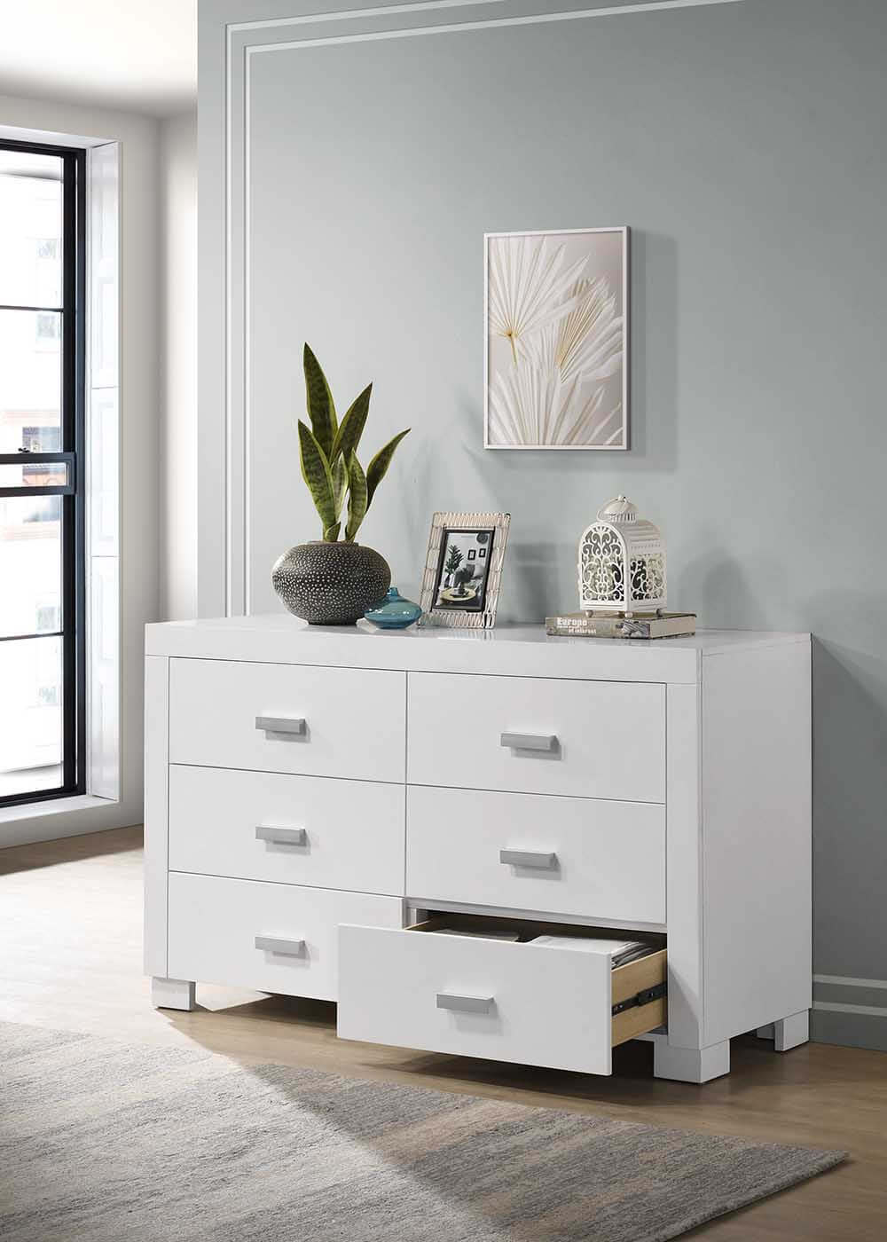 6 Drawer Dresser - Lifestyle Image Inclined Side View of 6 Drawer Dresser with a Drawer Open White