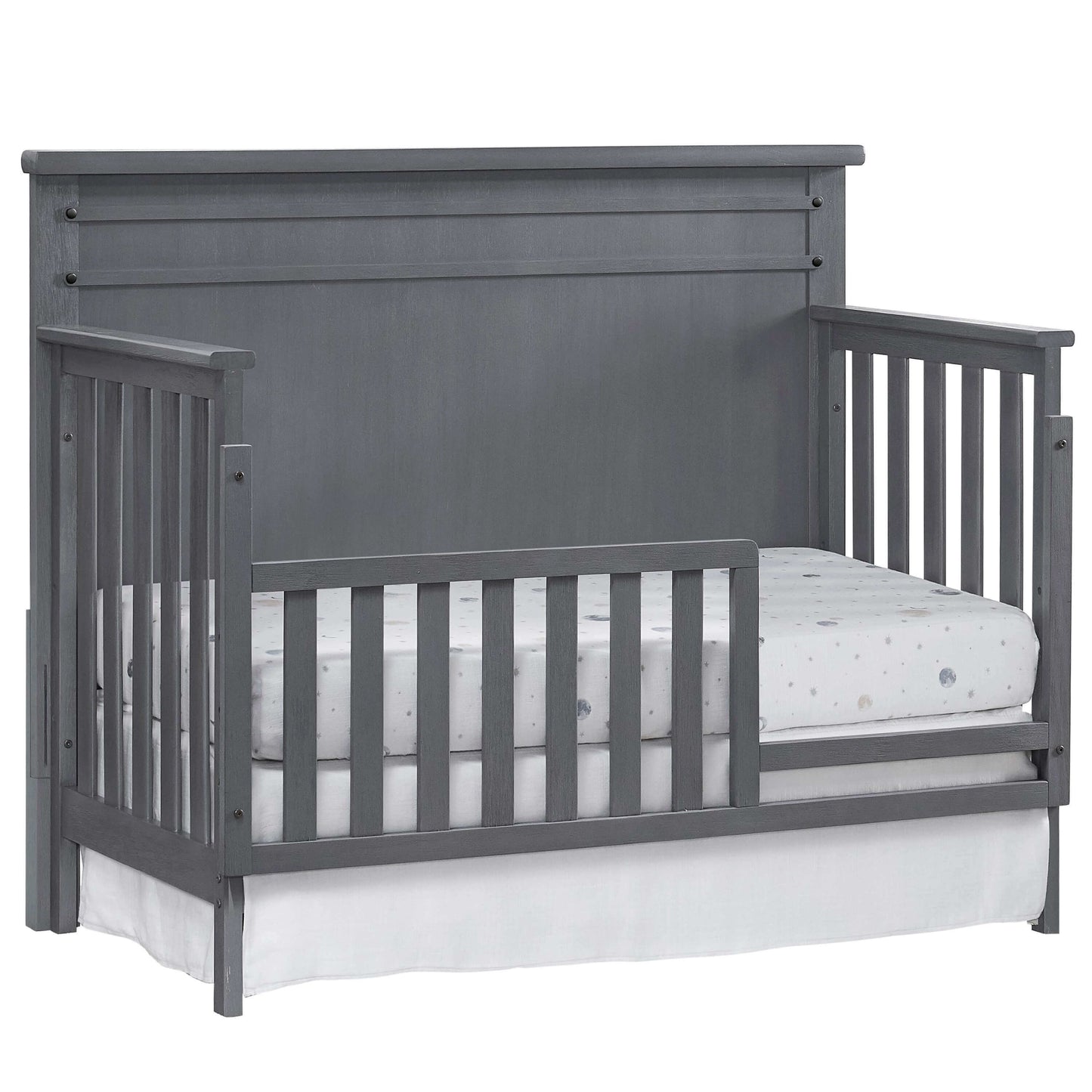 Ellison 4 In 1 Convertible Crib - Inclined Side View of Ellison 4 In 1 Convertible Crib Ash Gray with Guard Rail
