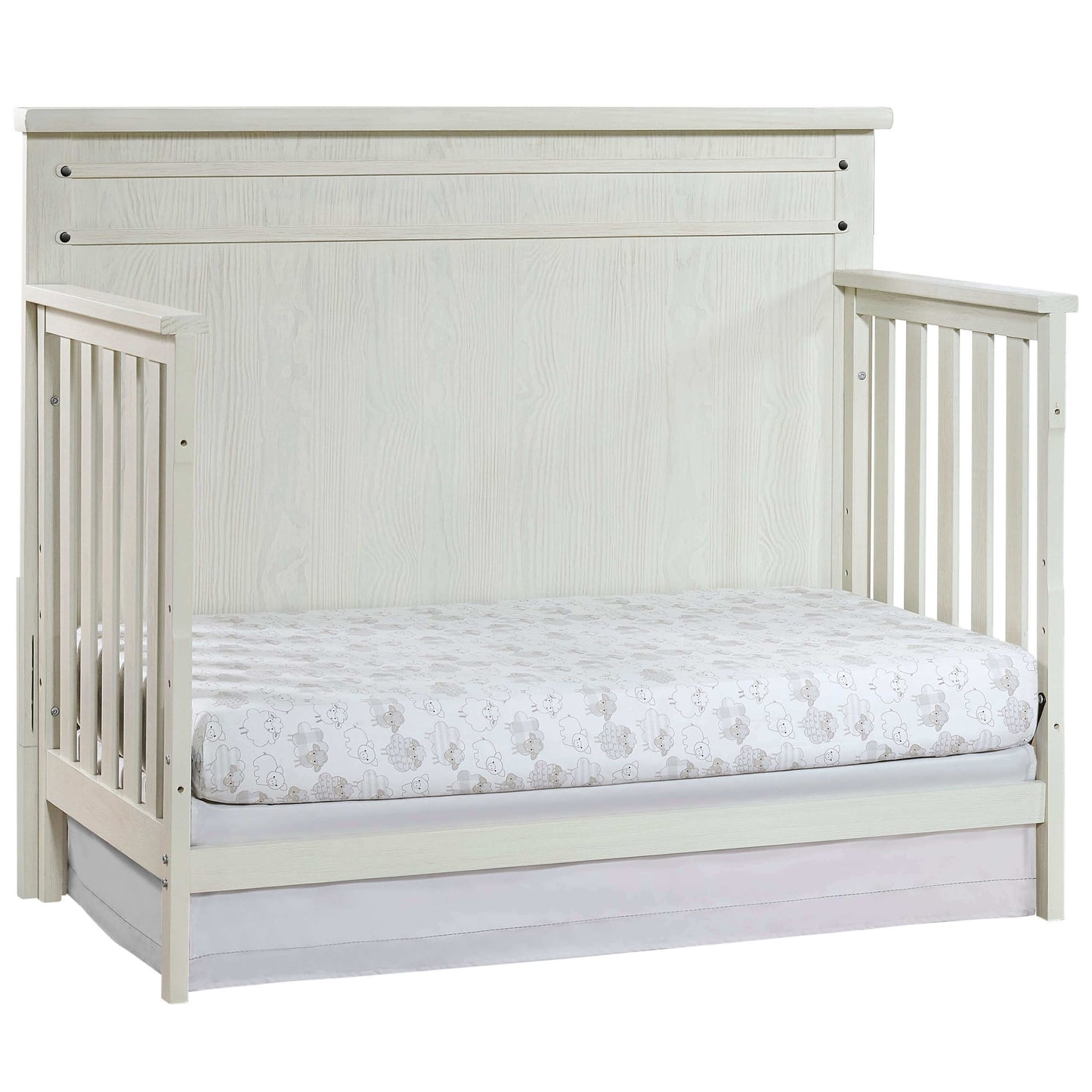 Ellison 4 In 1 Convertible Crib - Inclined Side View of Ellison Daybed Rustic White