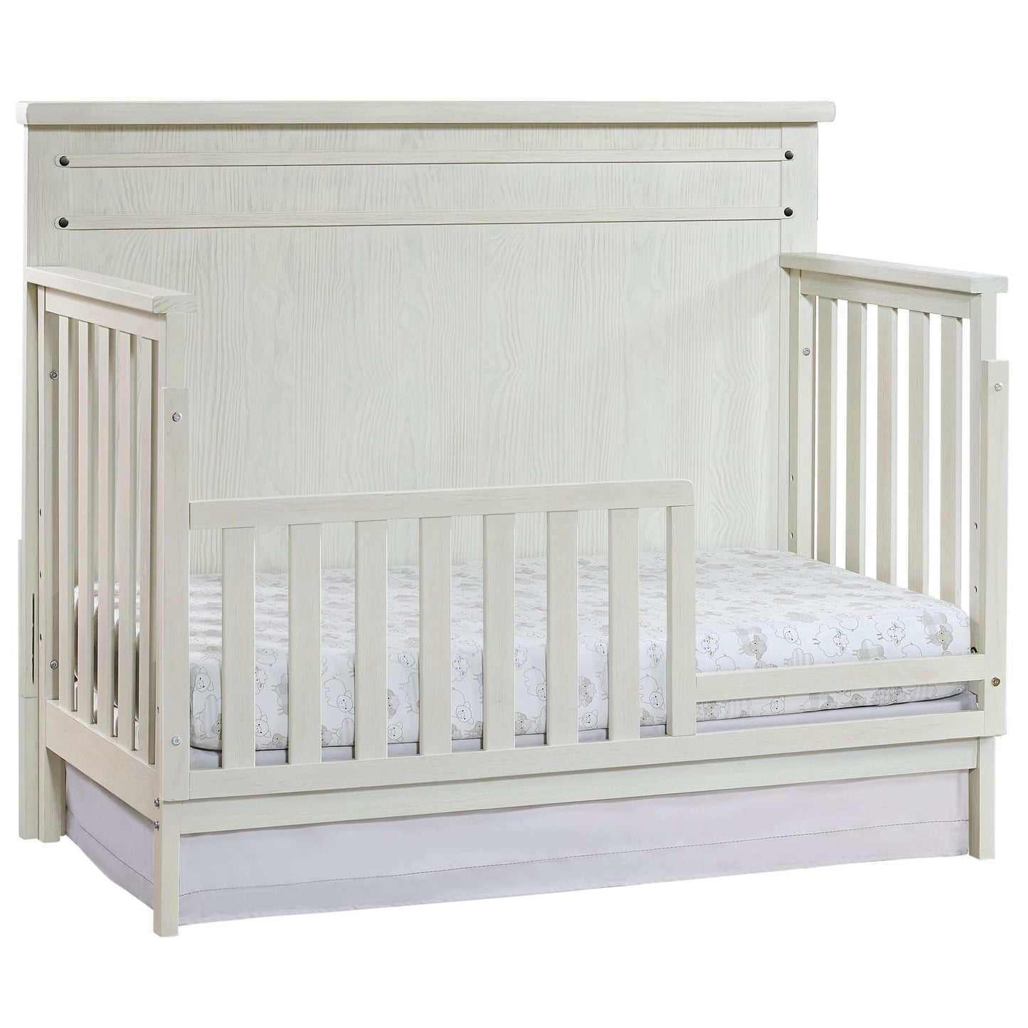 Ellison 4 In 1 Convertible Crib - Inclined Side View of Ellison 4 In 1 Convertible Crib Rustic White with Guard Rail