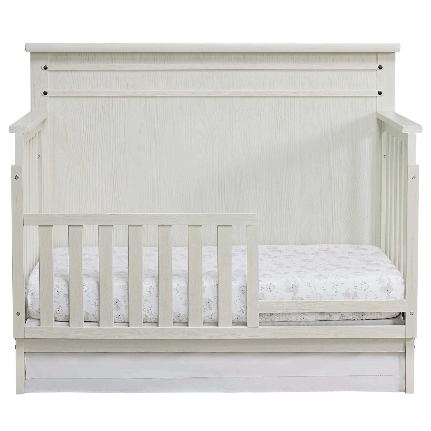Ellison 4 In 1 Convertible Crib - Front View of Ellison 4 In 1 Convertible Crib Rustic White with Guard Rail