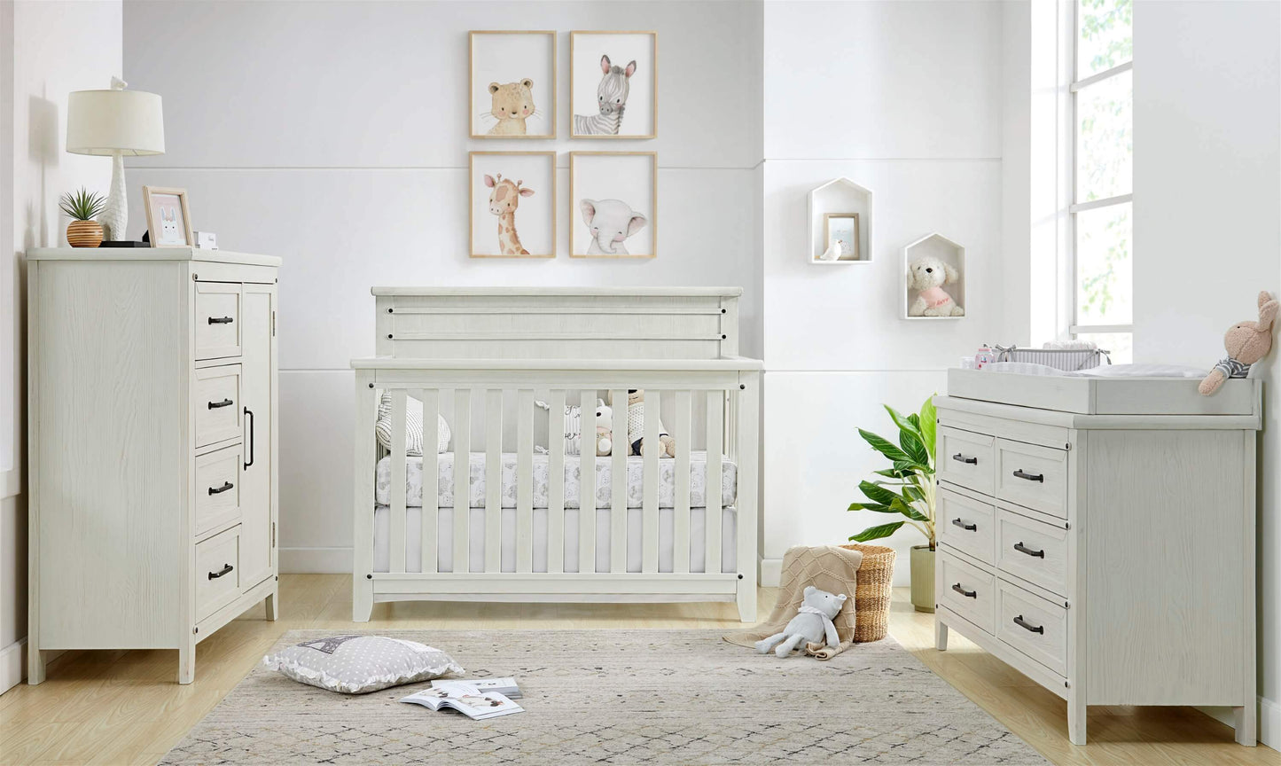 Ellison 4 In 1 Convertible Crib - Lifestyle Image Front View of Ellison 4 In 1 Convertible Crib Rustic White with 6 Drawer and Chifferobe