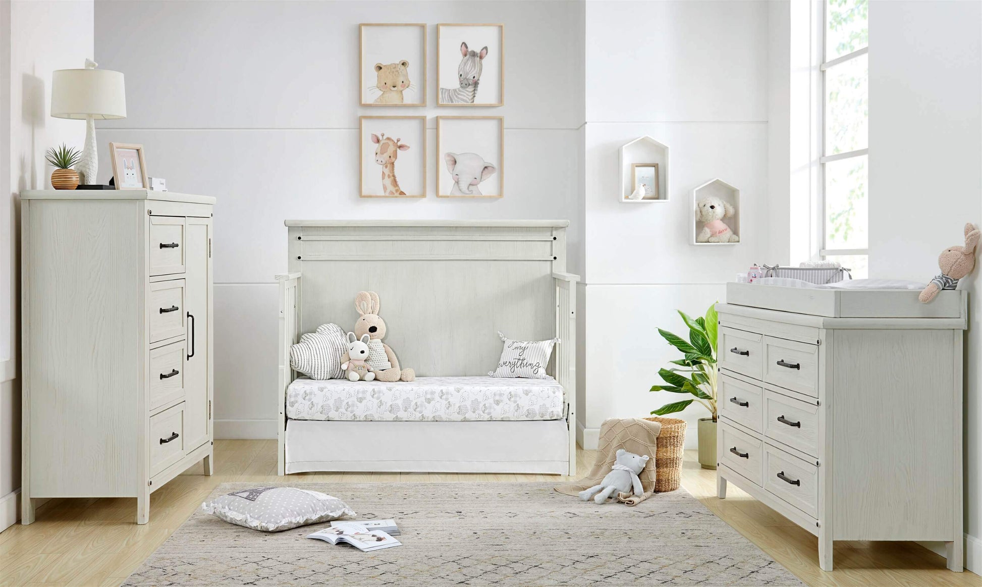 Ellison 4 In 1 Convertible Crib - Lifestyle Image Front View of Ellison Daybed Rustic White with 6 Drawer and Chifferobe