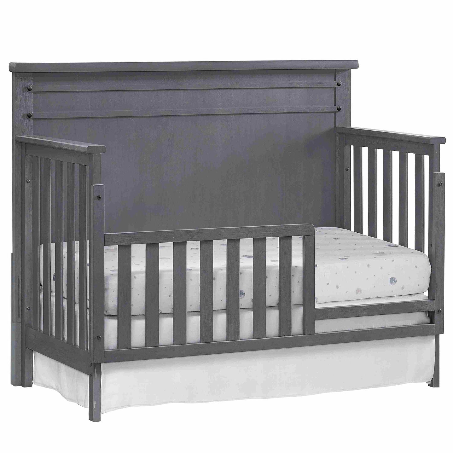 Ellison Guard Rail - Inclined Side View of Ellison Convertible Crib with Guard Rail Gray