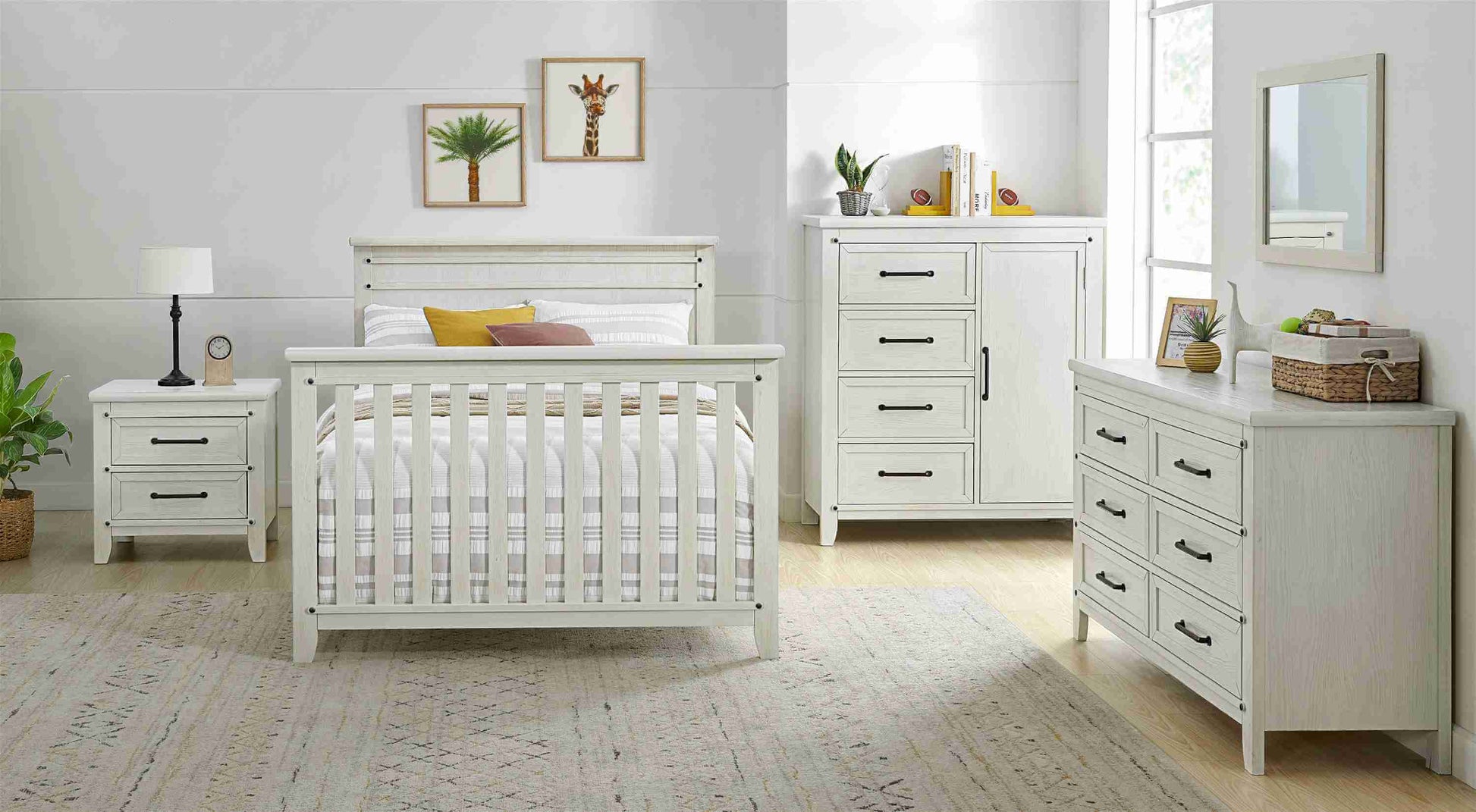 Ellison 6 Drawer Dresser - Lifestyle Image of Ellison's 6 Drawer Dresser with Nightstand and Full Size Bed Rustic White