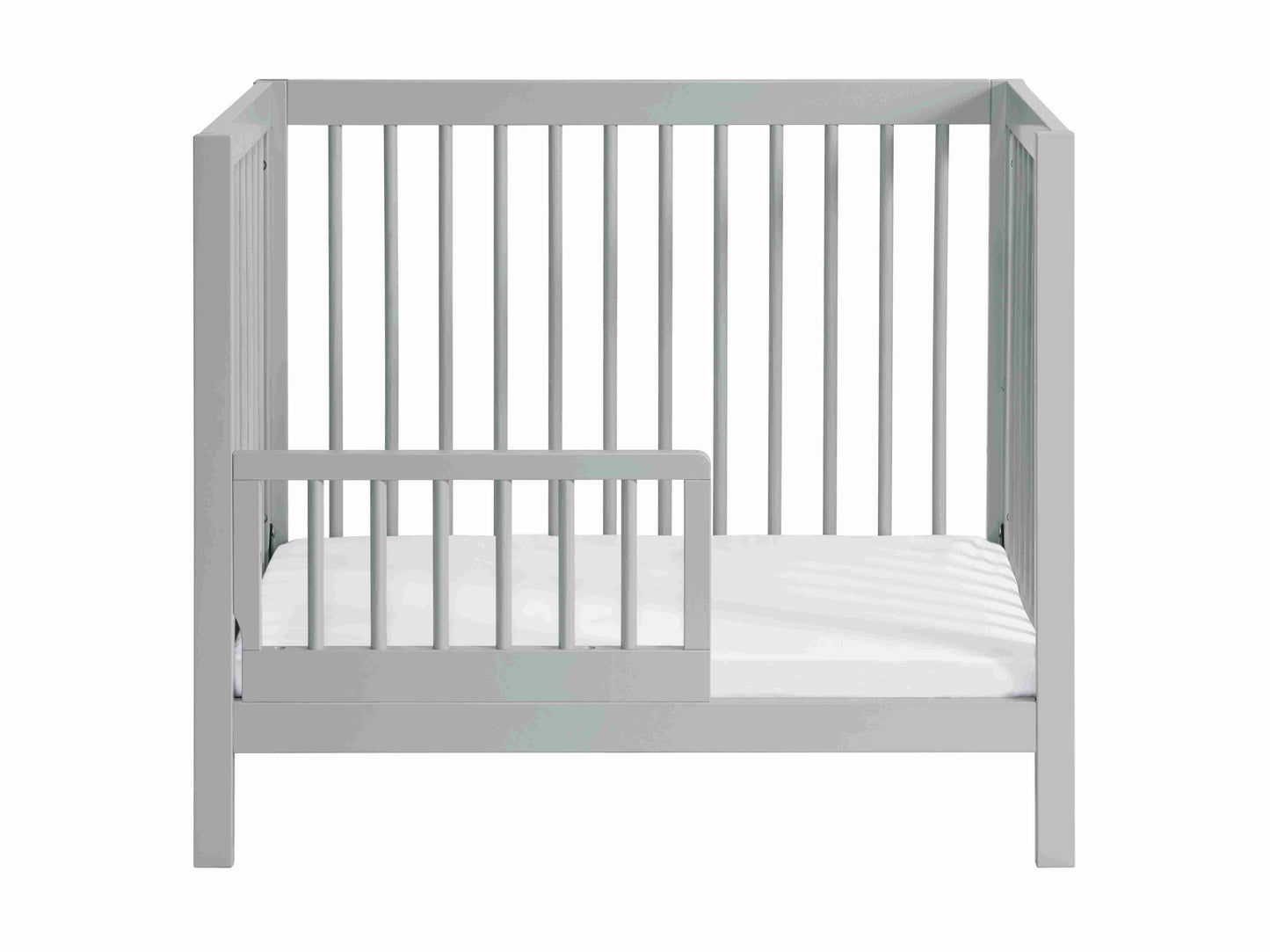 Essential Mini Convertible Crib - Front View of Mini Convertible Crib With Guard Rail Gray