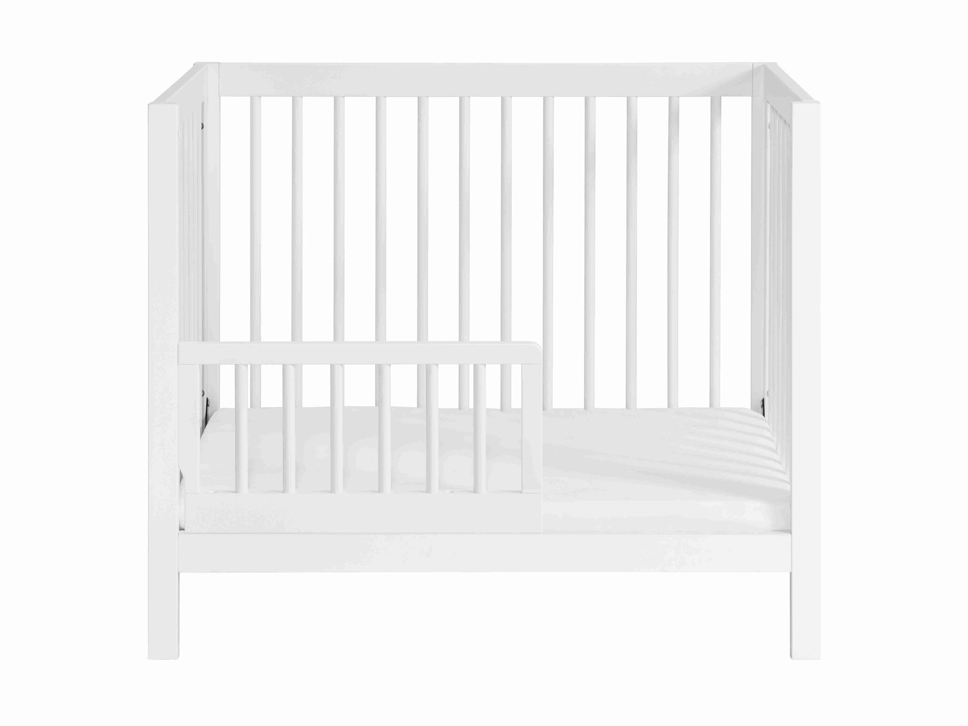 Essential Mini Convertible Crib - Front View of Mini Convertible Crib With Guard Rail White