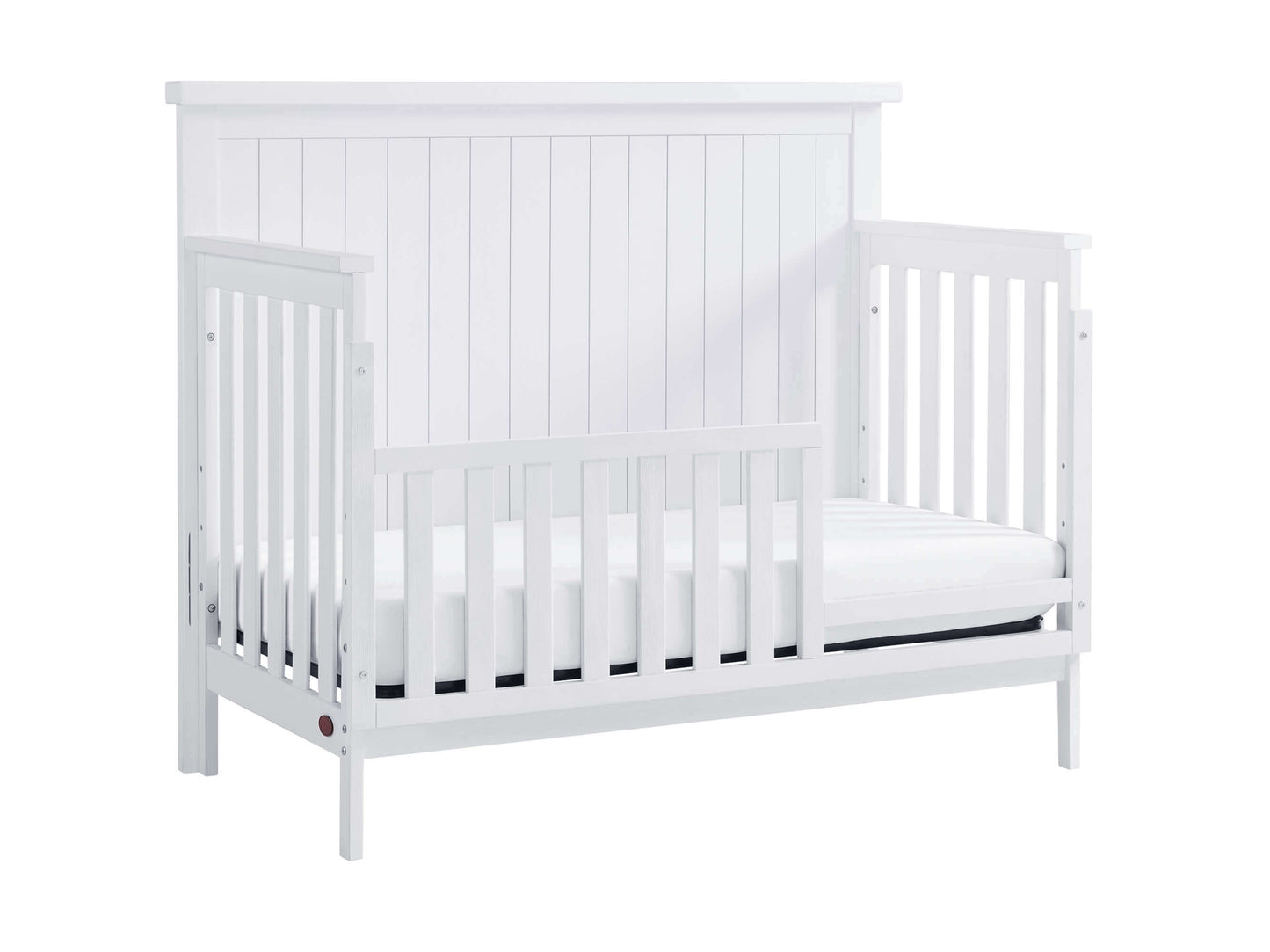 Everlee 4-In-1 Convertible Crib - Inclined Side View of Everlee 4-In-1 Convertible Crib Whitewash with Guard Rail