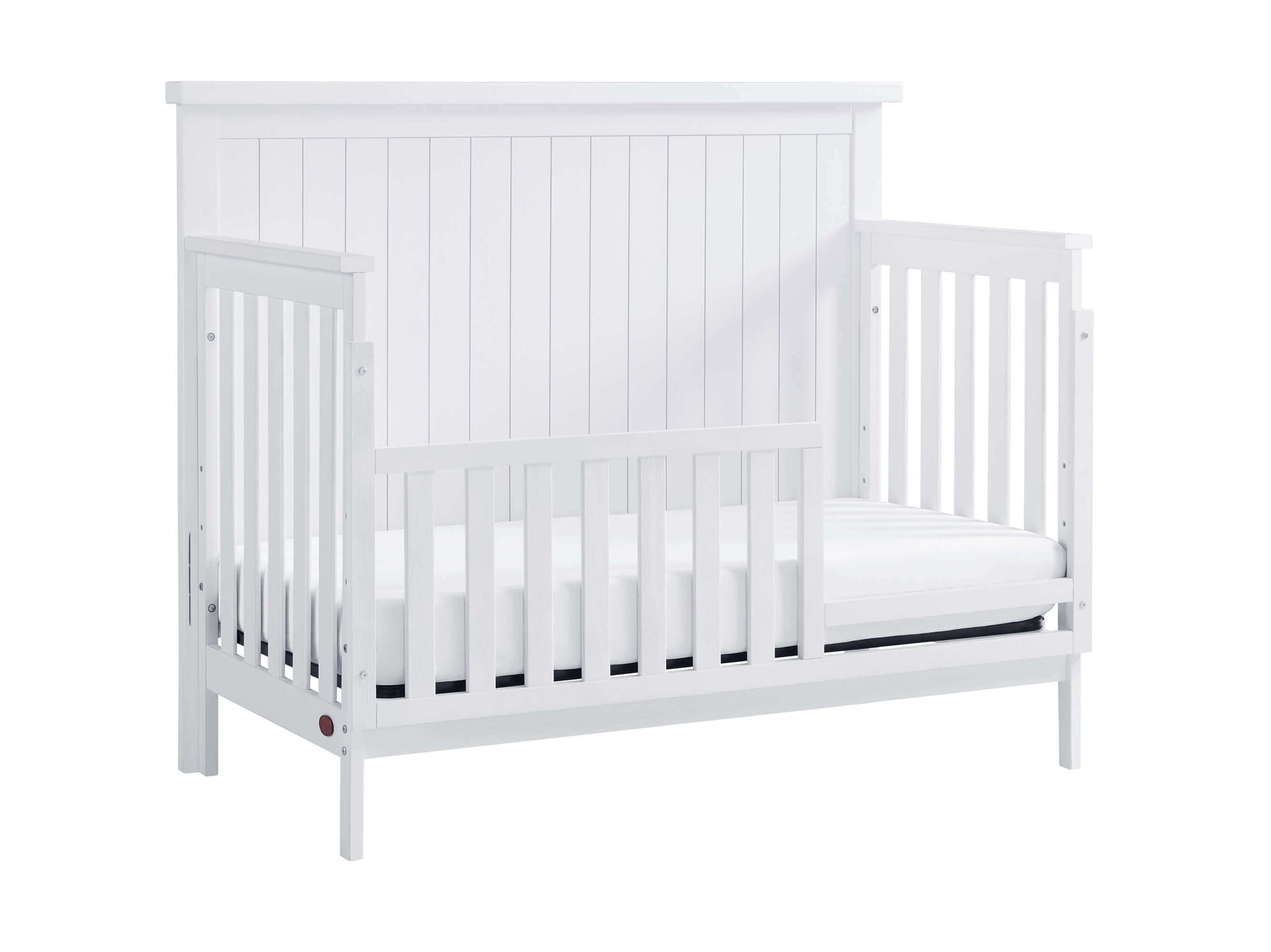 Everlee 4-In-1 Convertible Crib - Inclined Side View of Everlee 4-In-1 Convertible Crib Whitewash with Guard Rail