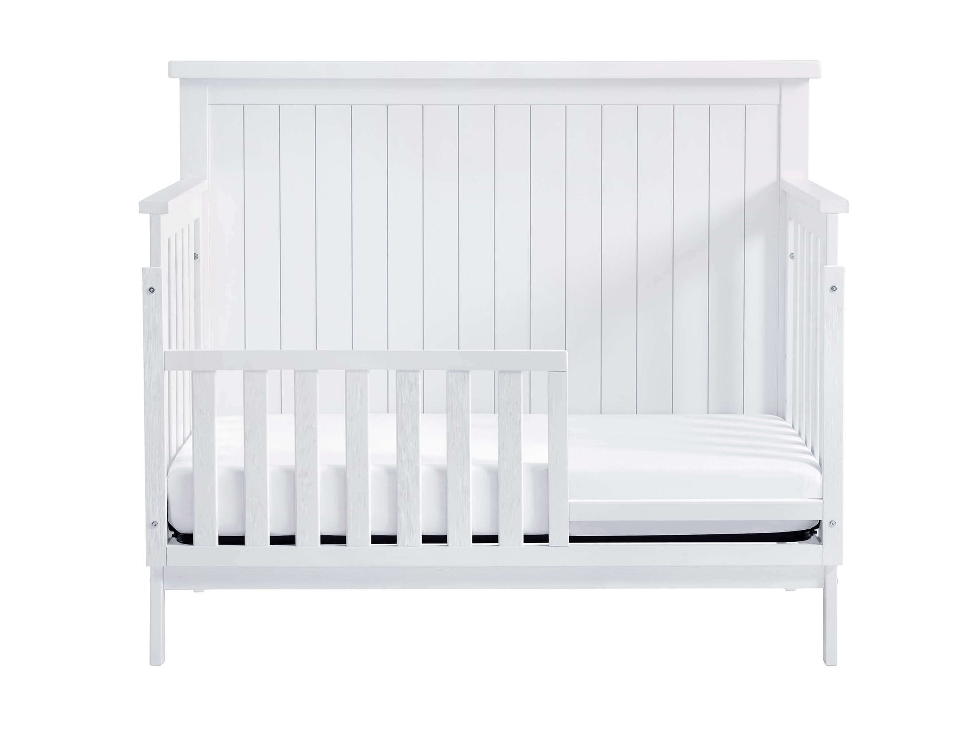 Everlee 4-In-1 Convertible Crib - Front View of Everlee 4-In-1 Convertible Crib Whitewash with Guard Rail