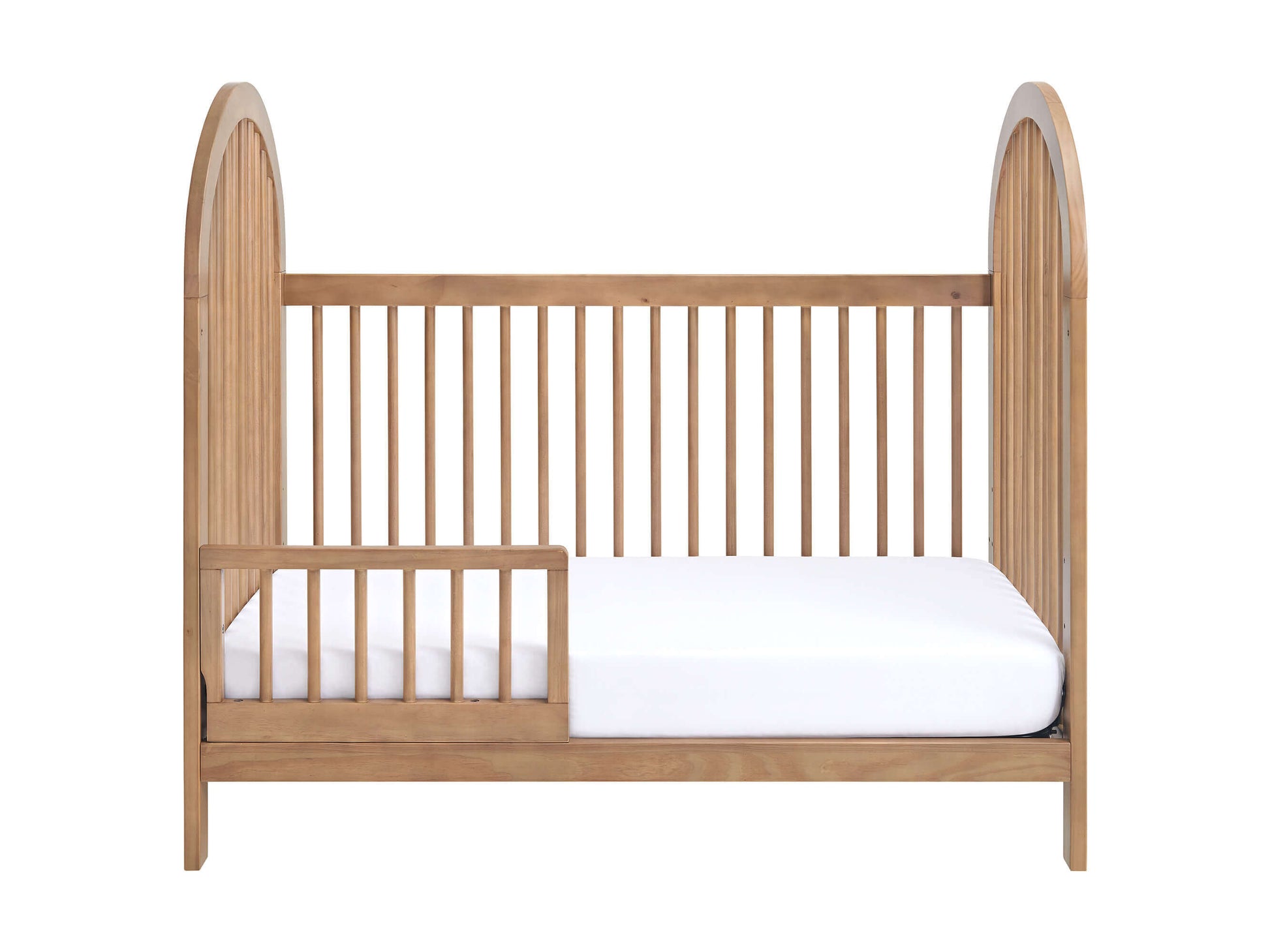 Everlee 3 in 1 Convertible Crib - Front View of Everlee 3 in 1 Convertible Crib Honey Wood with Guard Rail