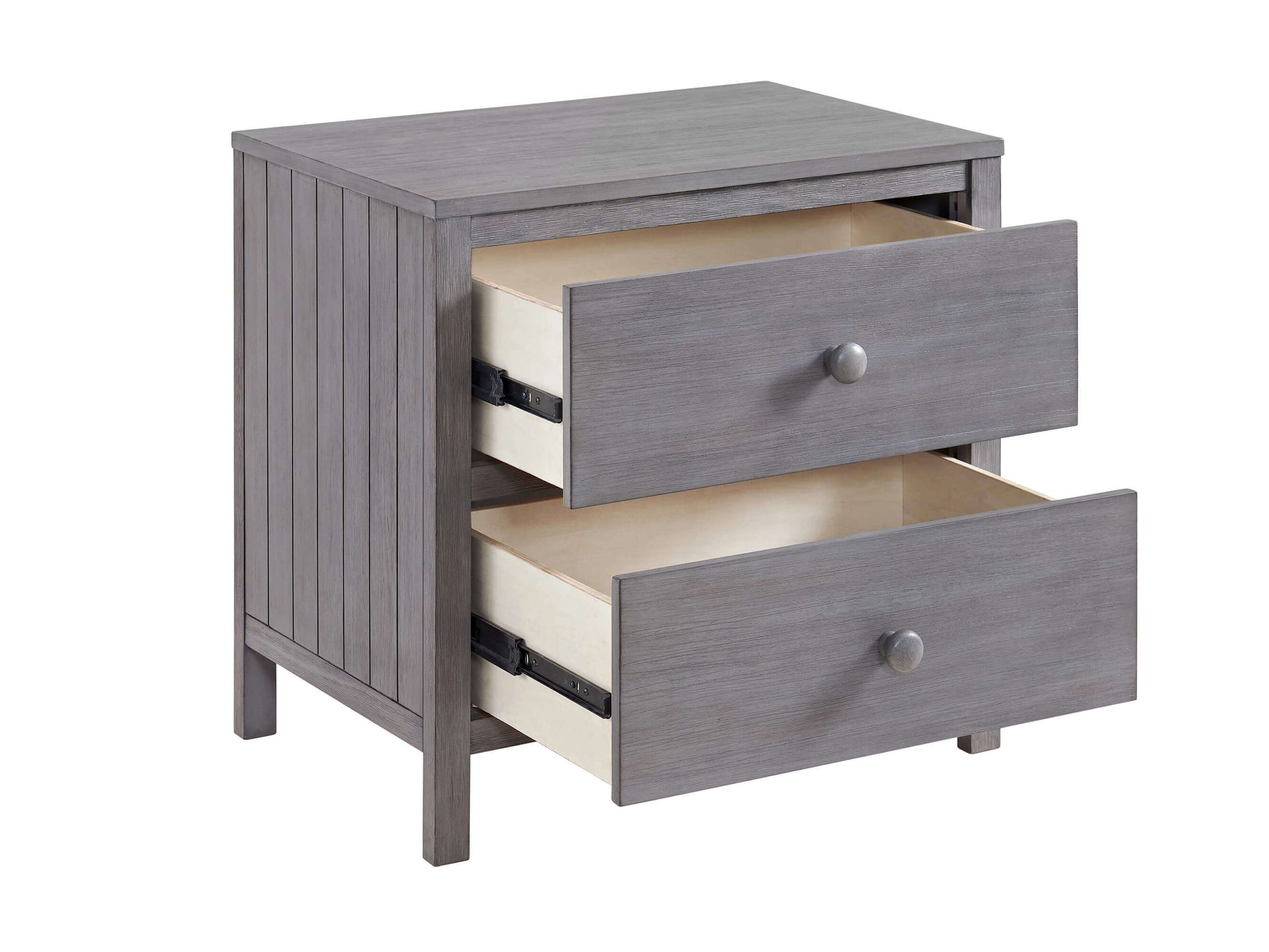 Everlee Nightstand - Inclined Side View of Open Drawer Everlee Nightstand Graystone