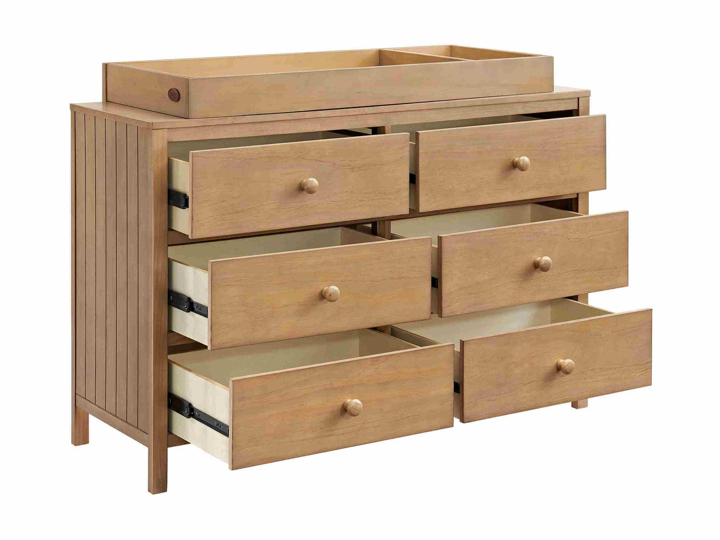 Everlee Changing Topper - Inclined Side View of Everlee Changing Topper on Top of Open 6 Drawer Dresser Honey