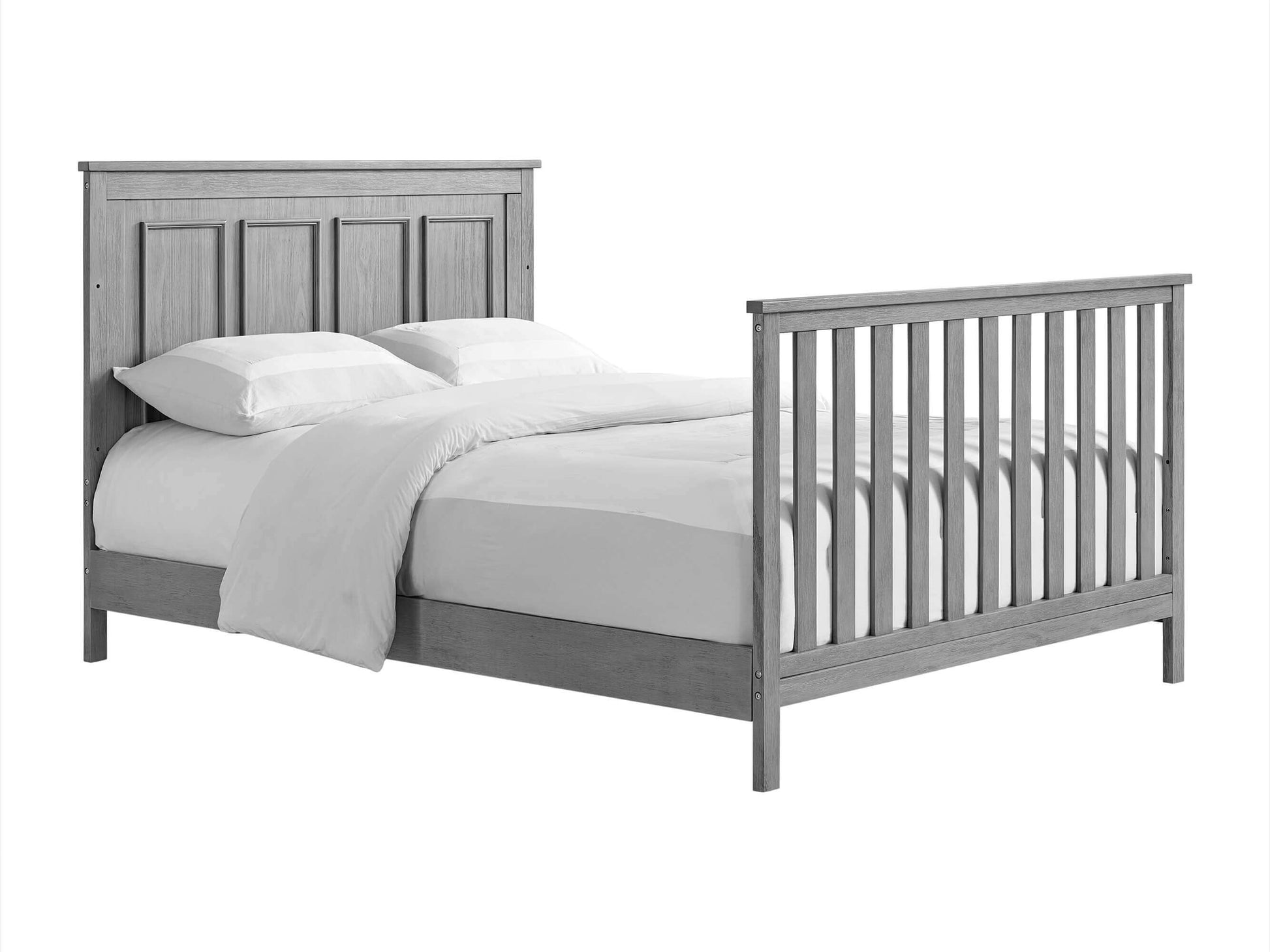Bennett 4-in-1 Convertible Crib - Inclined Side View of Bennett Full Size Bed Rustic Gray