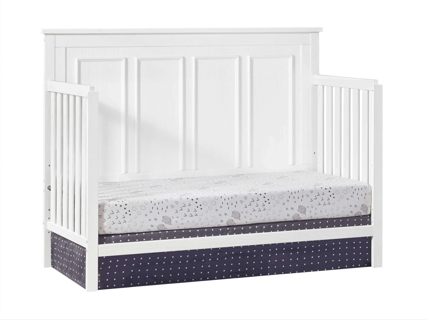 Bennett 4-in-1 Convertible Crib - Inclined Side View of Bennett Daybed Rustic White