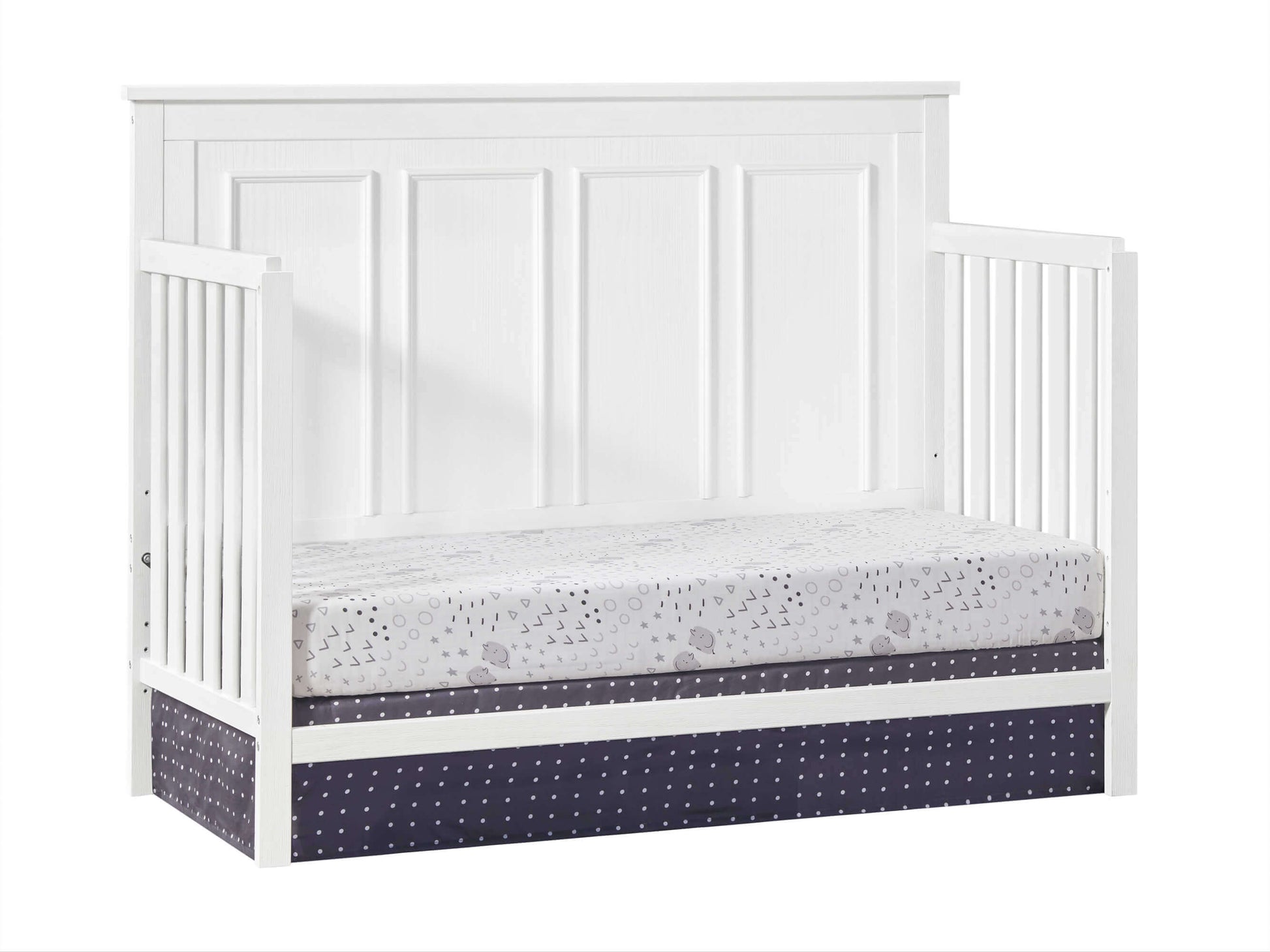 Bennett 4-in-1 Convertible Crib - Inclined Side View of Bennett Daybed Rustic White