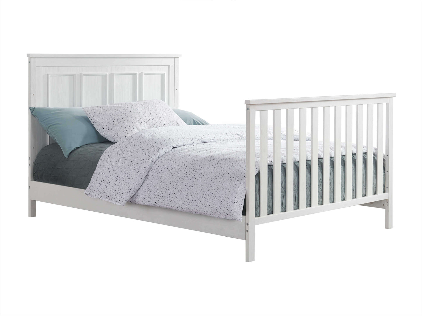 Bennett 4-in-1 Convertible Crib - Inclined Side View of Bennett Full Sized Bed Rustic White with Guard Rail