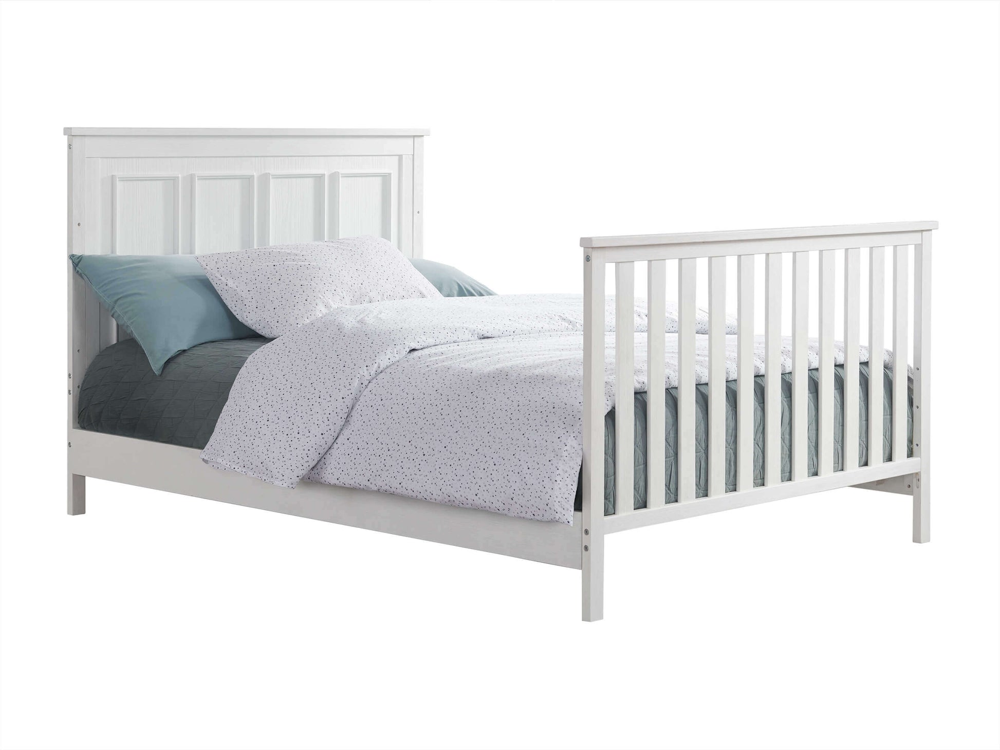 Bennett 4-in-1 Convertible Crib - Inclined Side View of Bennett Full Sized Bed Rustic White with Guard Rail
