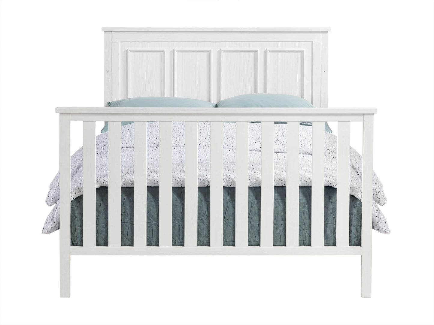Bennett 4-in-1 Convertible Crib - Front View of Bennett Full Sized Bed Rustic White with Guard Rail