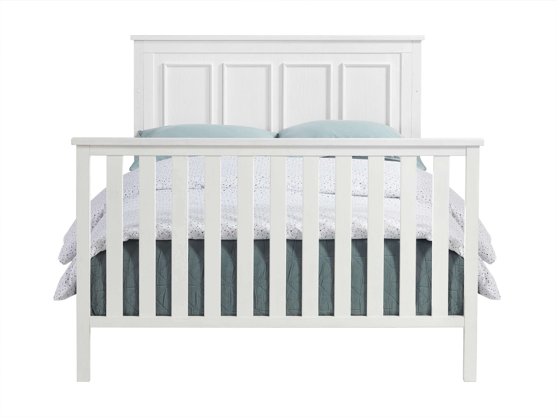 Bennett 4-in-1 Convertible Crib - Front View of Bennett Full Sized Bed Rustic White with Guard Rail