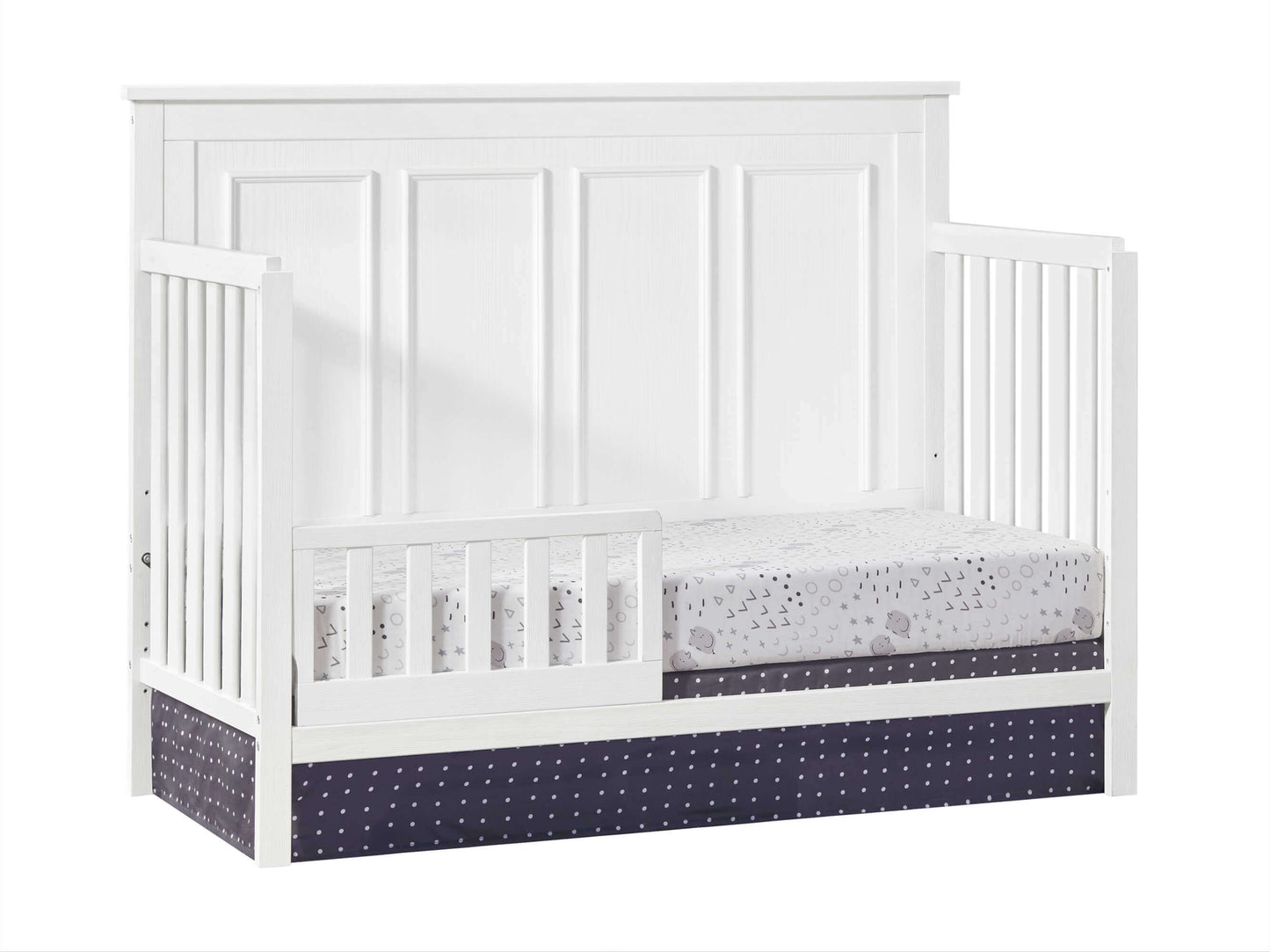 Bennett 4-in-1 Convertible Crib - Inclined Side View of Bennett 4-in-1 Convertible Crib Rustic White with Guard Rail