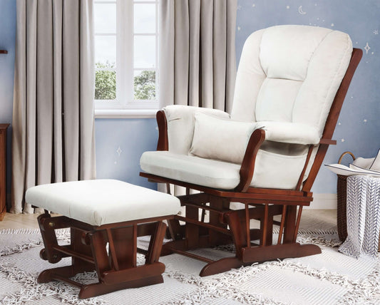 Alice Glider Chair and Ottoman without Pillow - Lifestyle Image Inclined Side View of Alice Glider Chair and Ottoman without Pillow Espresso