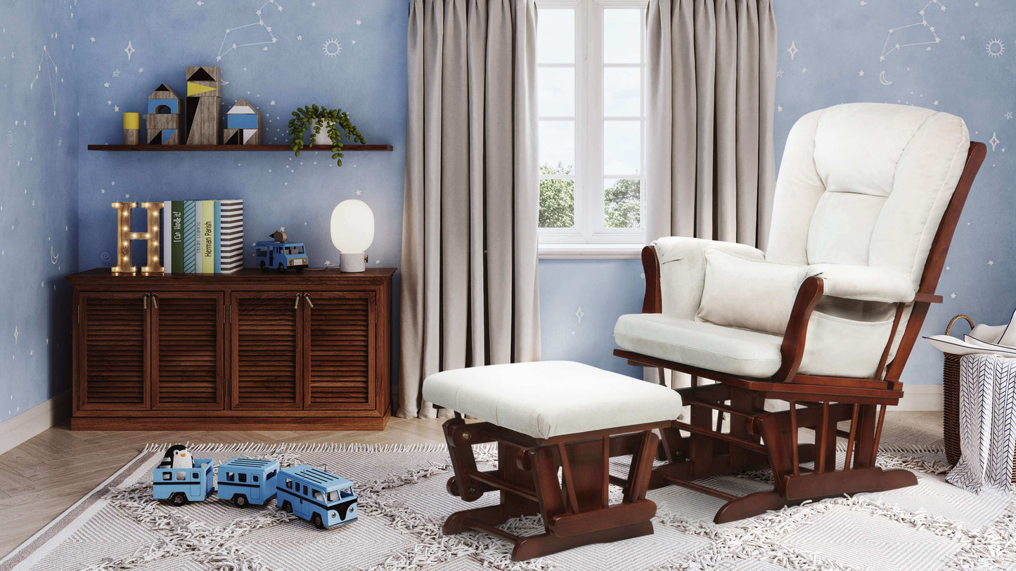 Alice Glider Chair and Ottoman without Pillow - Full Lifestyle Image Inclined Side View of Alice Glider Chair and Ottoman without Pillow White