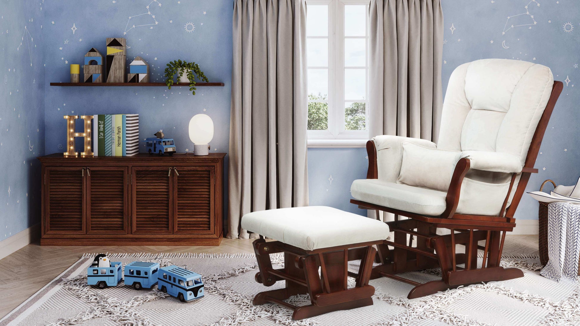 Alice Glider Chair and Ottoman without Pillow - Full Lifestyle Image Inclined Side View of Alice Glider Chair and Ottoman without Pillow White