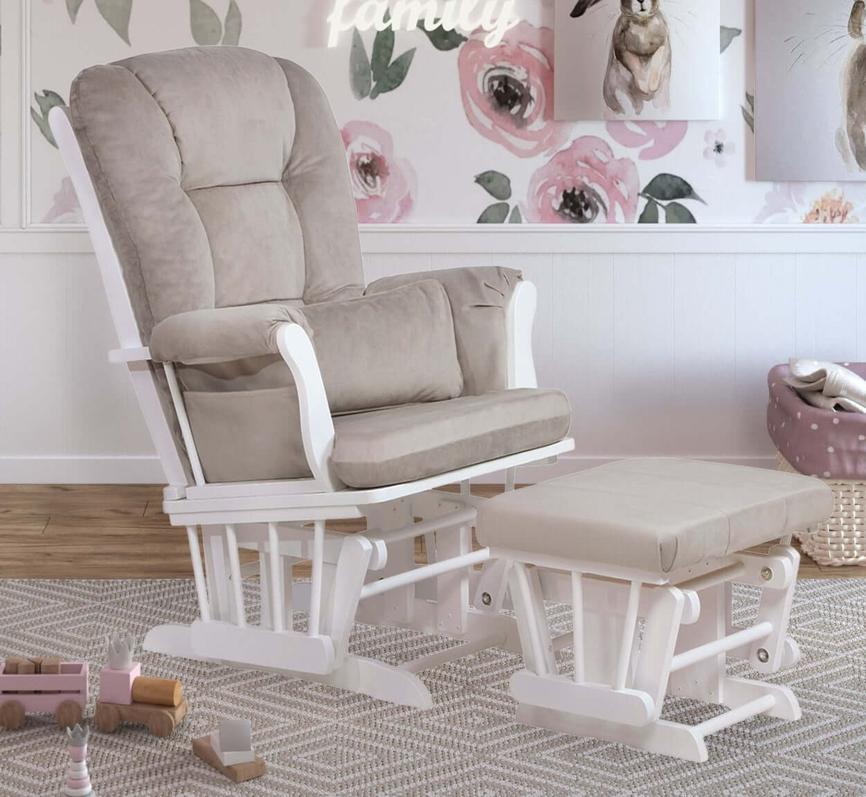 Alice Glider Chair and Ottoman with Pillow - Lifestyle Image Inclined Side View Alice Glider Chair and Ottoman with Pillow