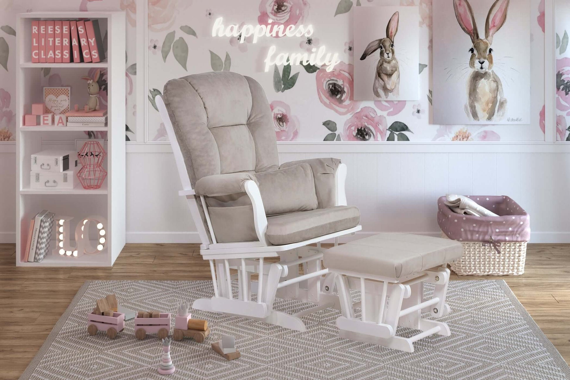 Alice Glider Chair and Ottoman without Pillow - Lifestyle Image Inclined Side View of Alice Glider Chair and Ottoman without Pillow Espresso White