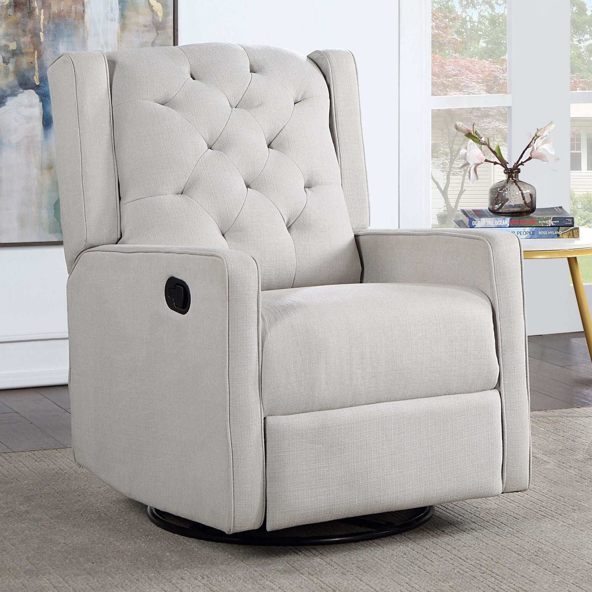 Ava Manual Swivel Glider Recliner - Lifestyle Image Inclined Side View of Ava Manual Swivel Glider Recliner Gray