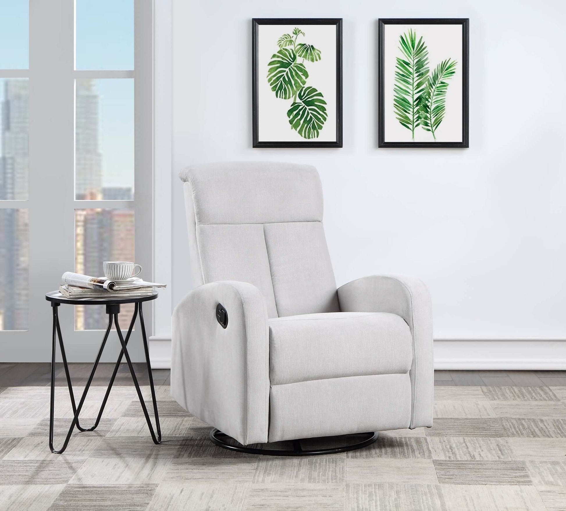 Amber Manual Swivel Glider Recliner - Lifestyle Image Inclined Side View of Amber Manual Swivel Glider Recliner Gray