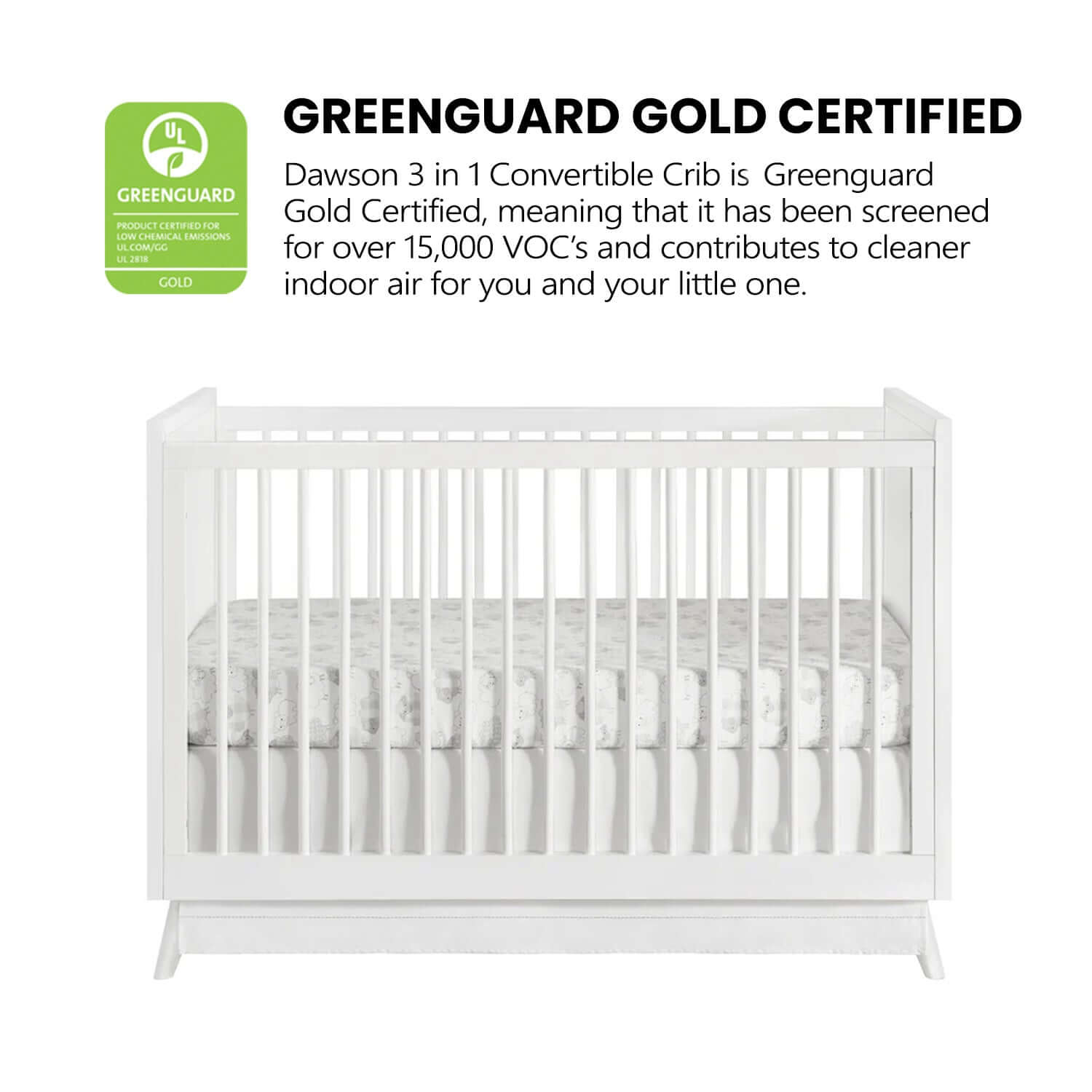 Dawson 3 In 1 Convertible Crib - Greenguard Gold Certified Image of Dawson 3 In 1 Convertible Crib White