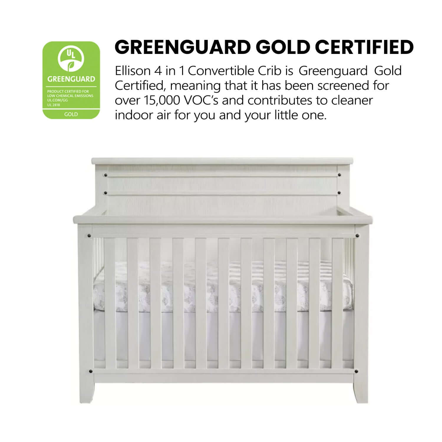 Ellison 4 In 1 Convertible Crib - Greenguard Gold Certified Image of Ellison 4 In 1 Convertible Crib Rustic White