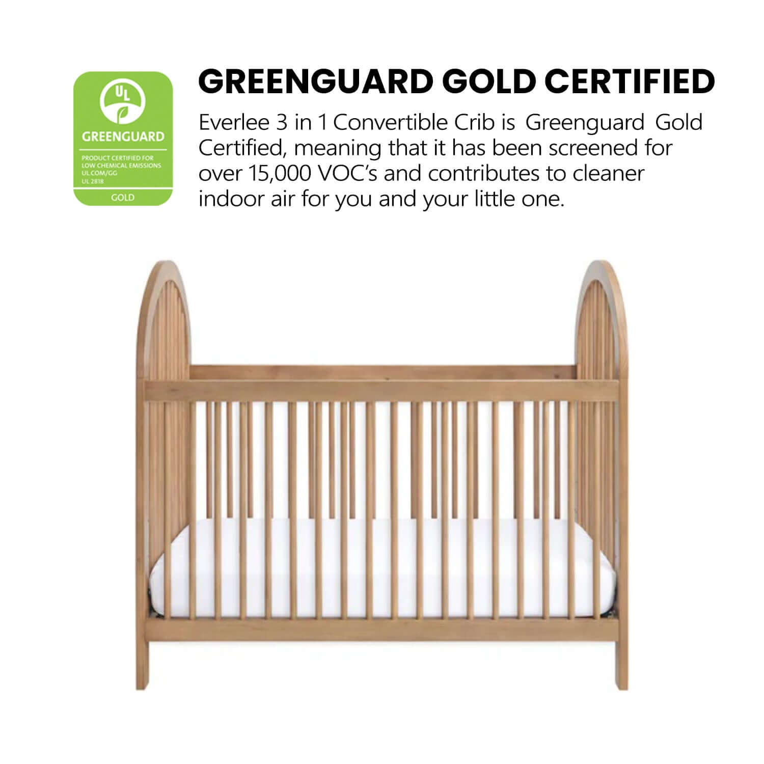 Everlee 3 in 1 Convertible Crib - Greenguard Gold Certified Image of Everlee 3 in 1 Convertible Crib Honey Wood