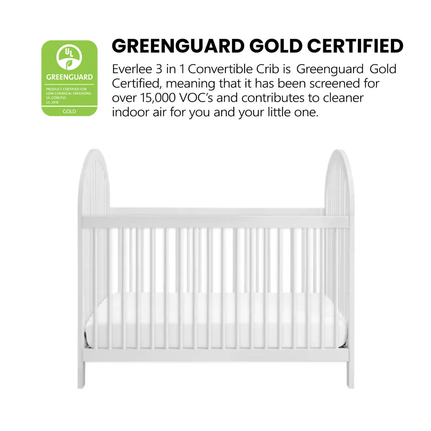 Everlee 3 in 1 Convertible Crib - Greenguard Gold Certified Image of Everlee 3 in 1 Convertible Crib Whitewash