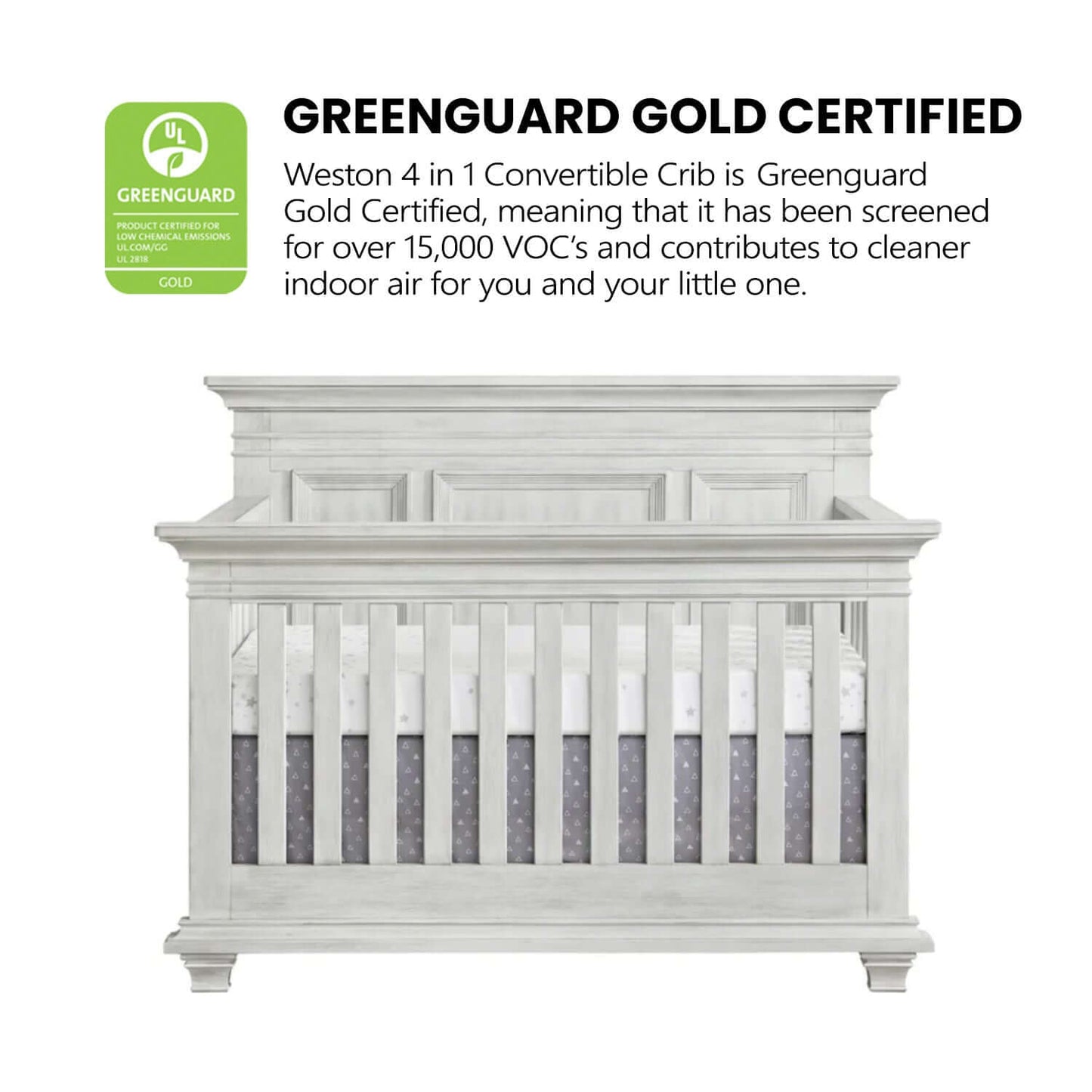 Weston 4 In 1 Convertible Crib - Greenguard Gold Certified Image of Weston 4 In 1 Convertible Crib Vintage White