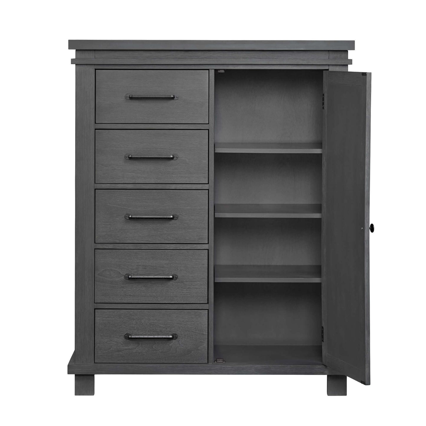 Hampton Changing Topper - Front View of Hampton Changing Topper on Top of Open Chifferobe Canyon Gray