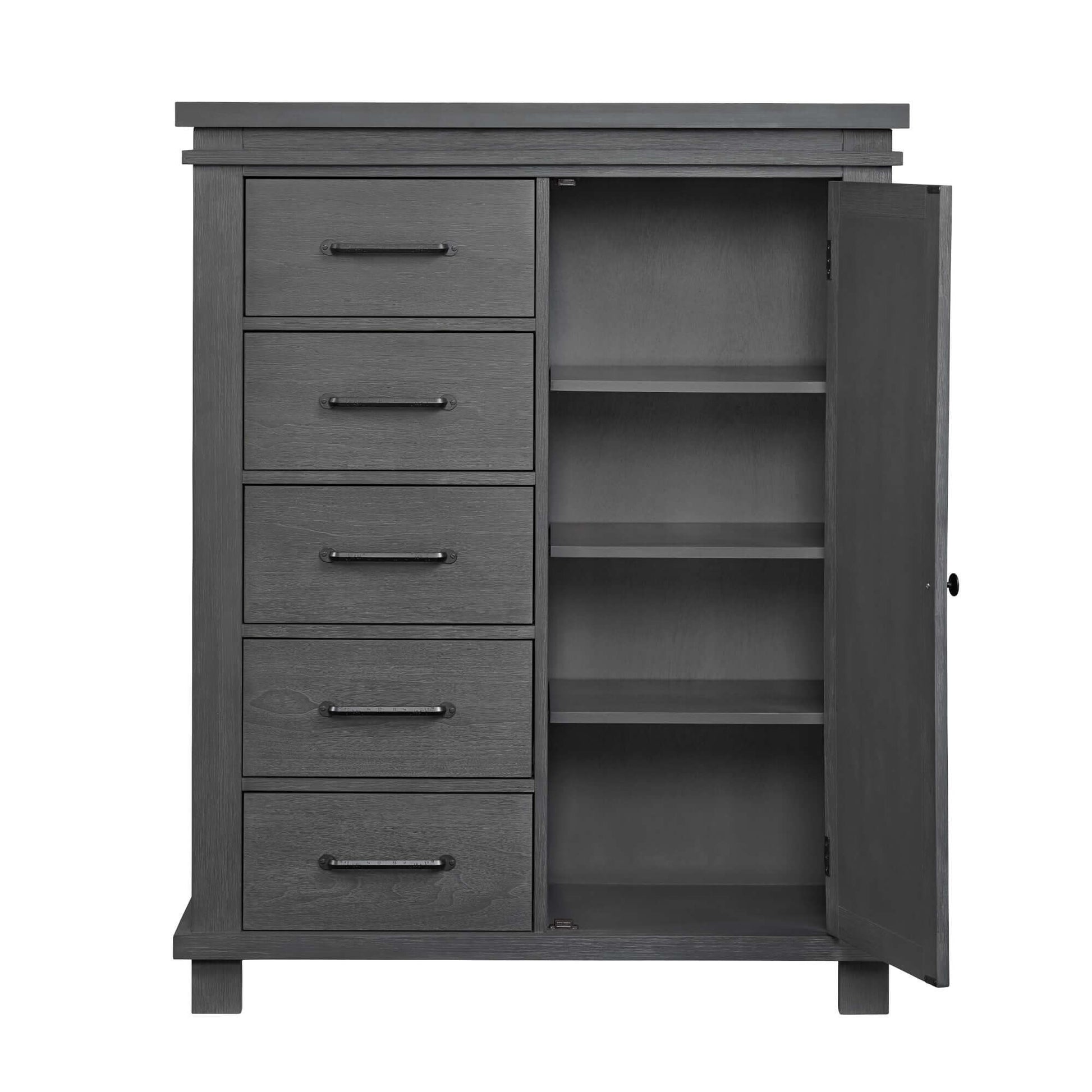 Hampton Changing Topper - Front View of Hampton Changing Topper on Top of Open Chifferobe Canyon Gray