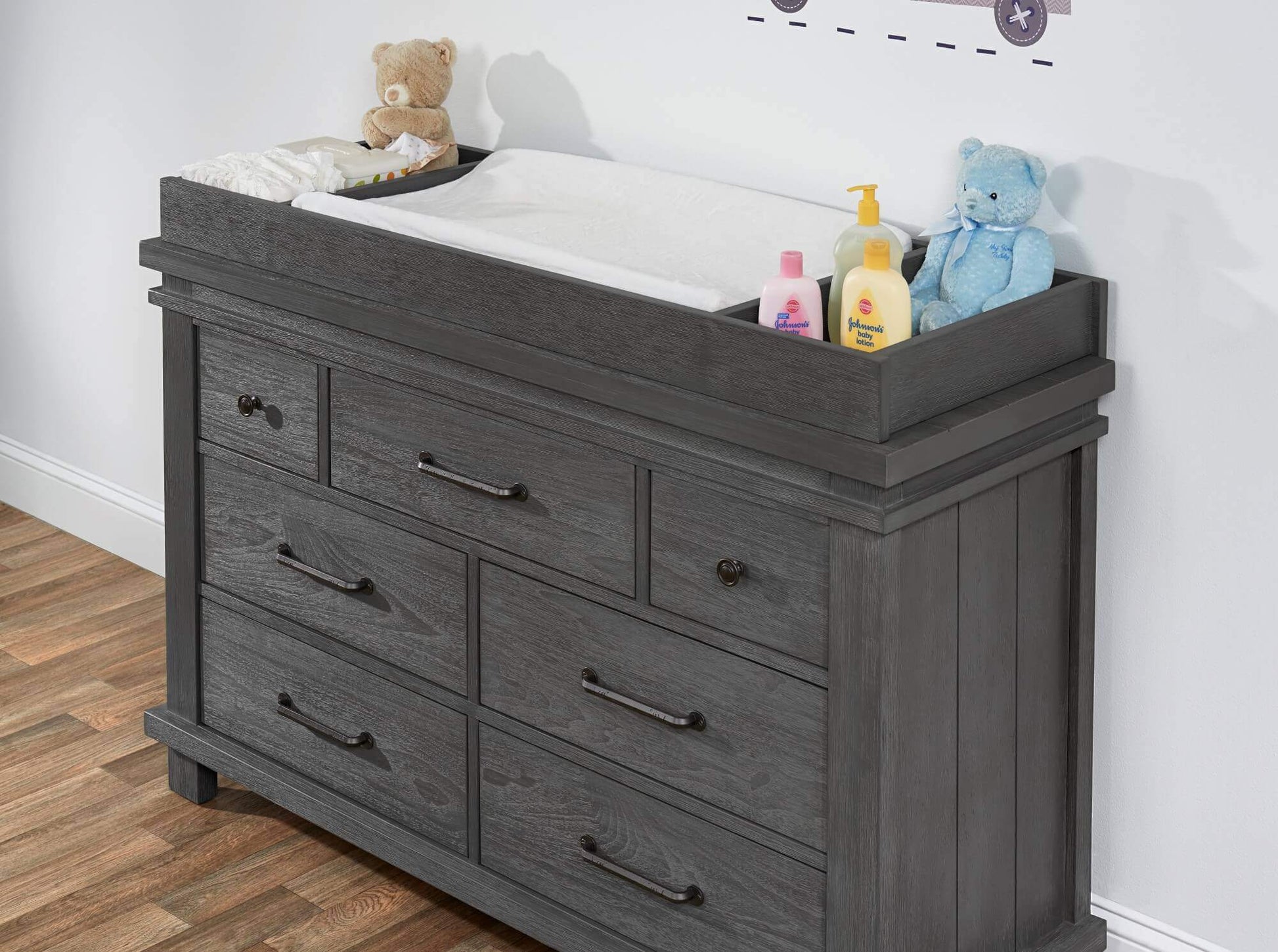 Hampton 7 Drawer Dresser - Lifestyle Image Top Inclined Side View of Hampton 7 Drawer Dresser Canyon Gray