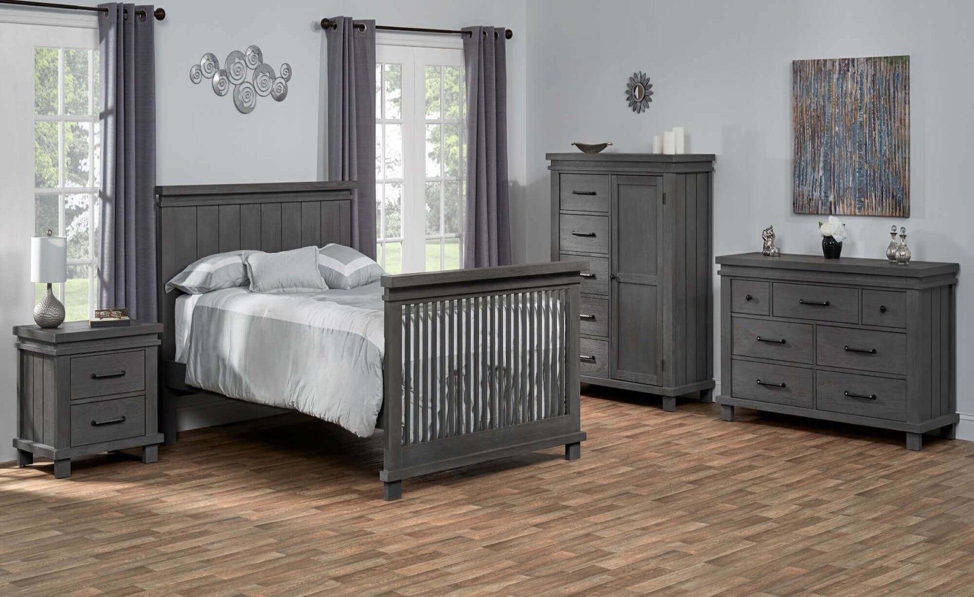 Hampton 2 Drawer Night Stand - Lifestyle Image Inclined Side View of Hampton 2 Drawer Night Stand Canyon Gray Beside Full Sized Bed