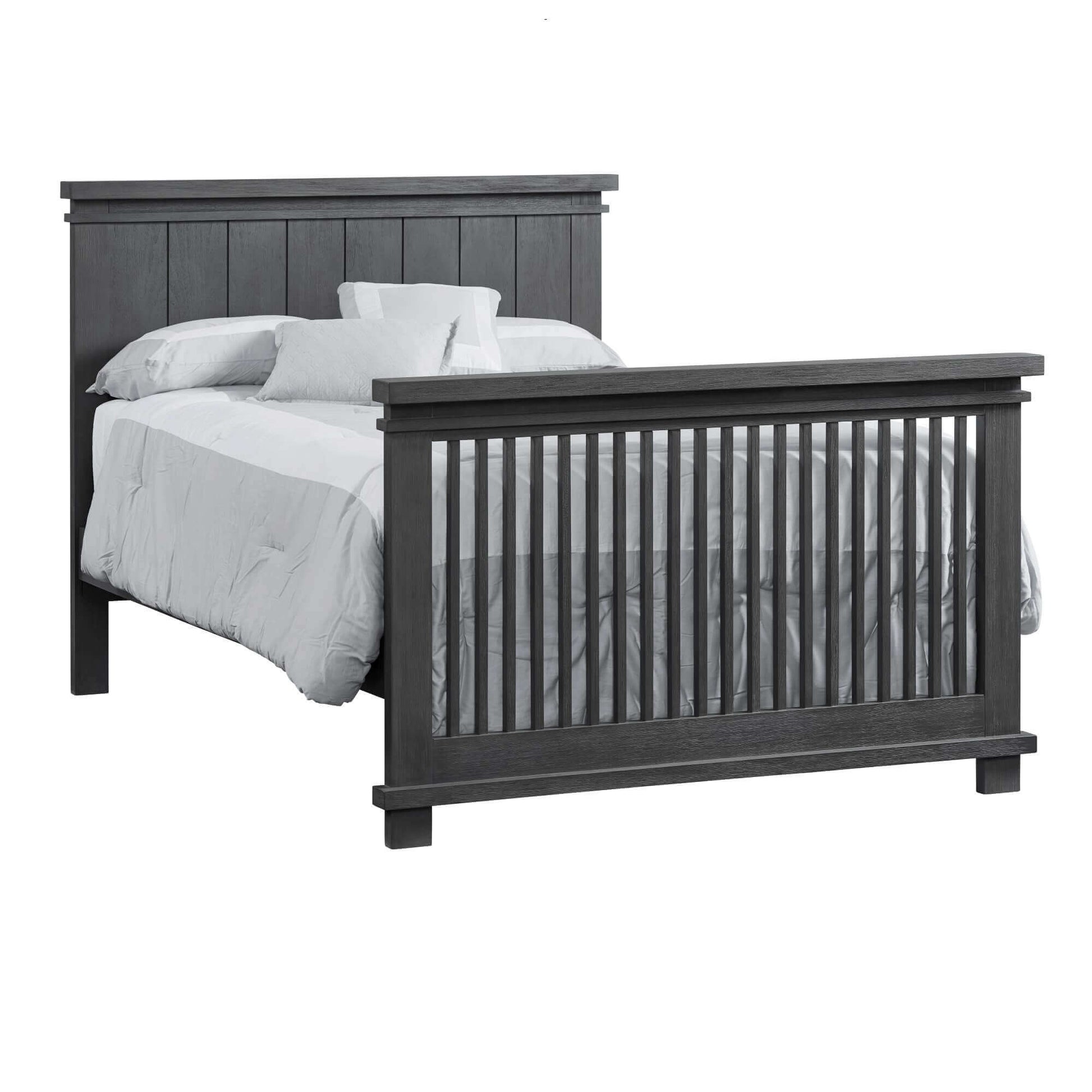 Hampton 4 In 1 Convertible Crib - Inclined Side View of Hampton Full Sized Bed Canyon Gray