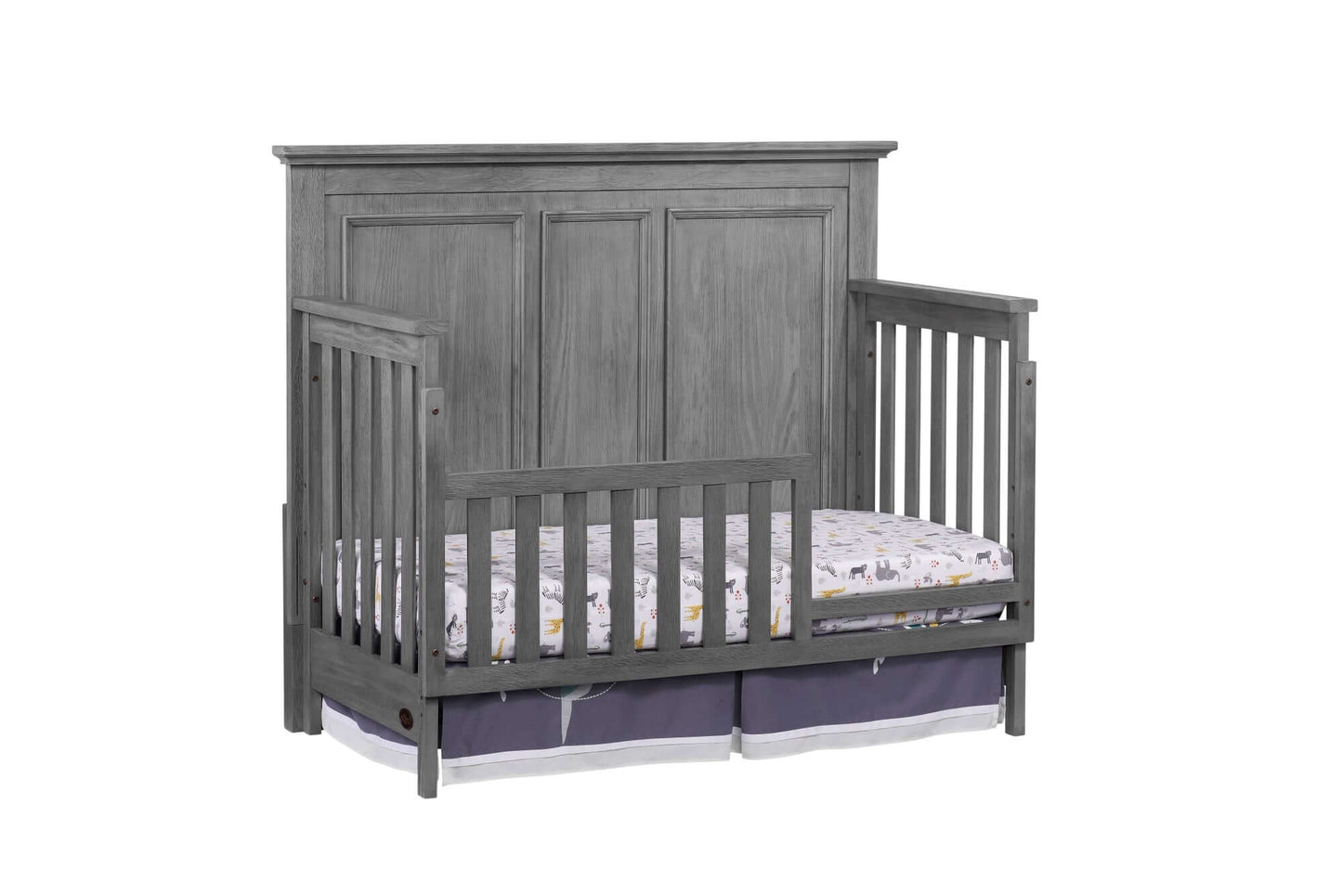 Kenilworth 4-in-1 Convertible Crib - Inclined Side View of Kenilworth 4-in-1 Convertible Crib Graphite Gray with Guard Rail