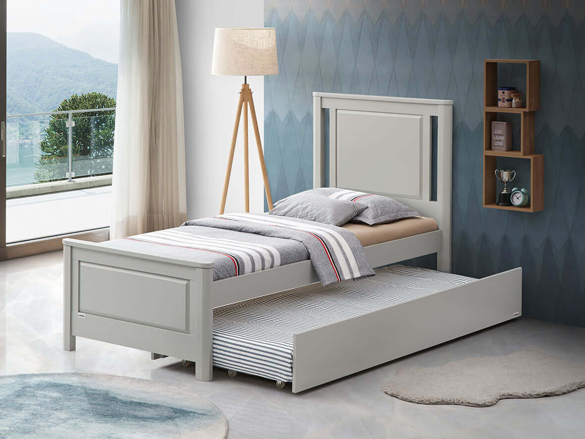 Teen Bed - Model 301 - Lifestyle Image Inclined Side View of Teen Bed Model 301 White with Guard Rail