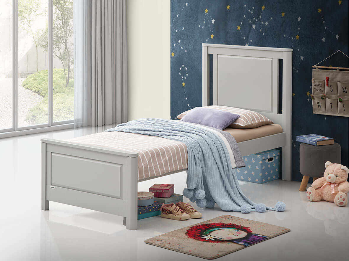 Teen Bed - Model 301 - Lifestyle Image Inclined Side View of Teen Bed Model 301 Gray