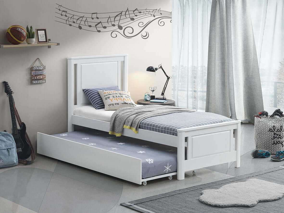 Teen Bed - Model 301 - Lifestyle Image Inclined Side View of Teen Bed Model 301 Gray with Guard Rail
