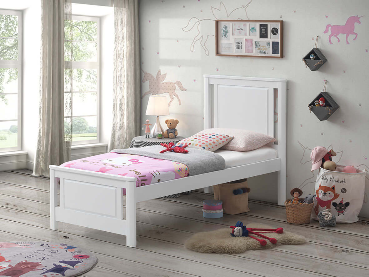 Teen Bed - Model 301 - Lifestyle Image Inclined Side View of Teen Bed Model 301 White
