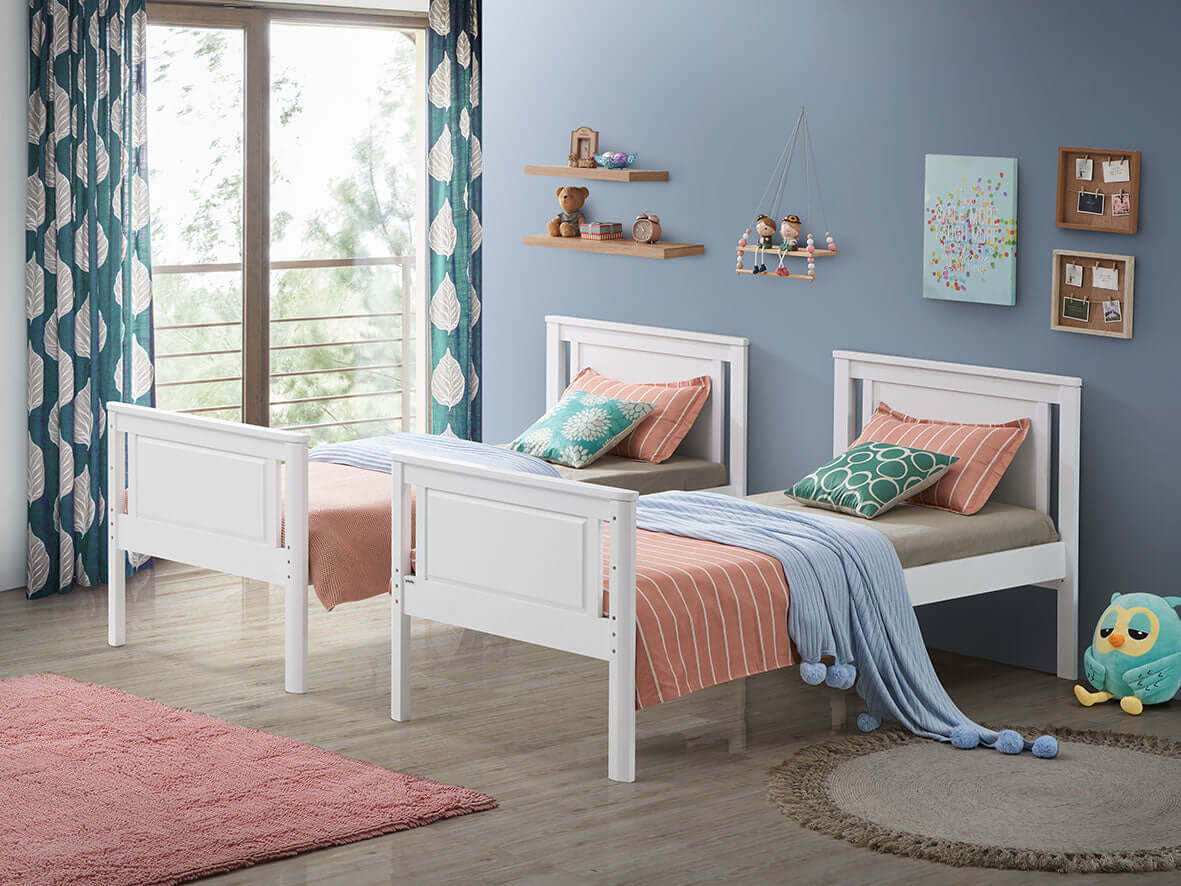 Bunk Bed - Model 302 - Lifestyle Image Inclined Side View of Separated Bunk Bed Model 302 White