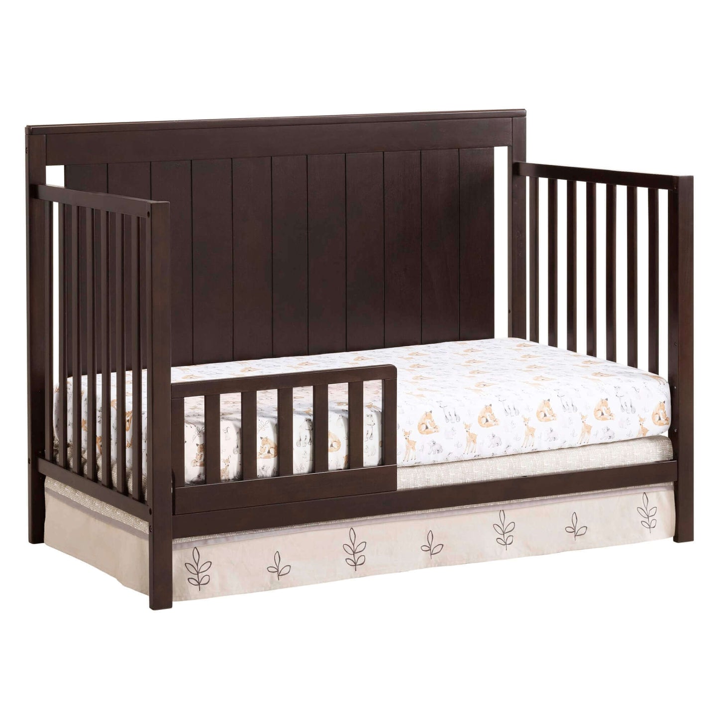 Lazio 4-in-1 Convertible Crib - Inclined Side View of Lazio 4-in-1 Convertible Espresso with Guard Rail